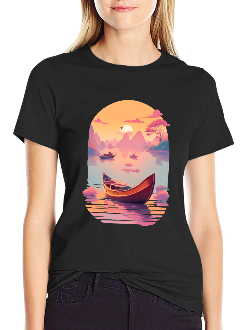Sunset Lake Boat T-Shirt - Artistic Graphic Tee