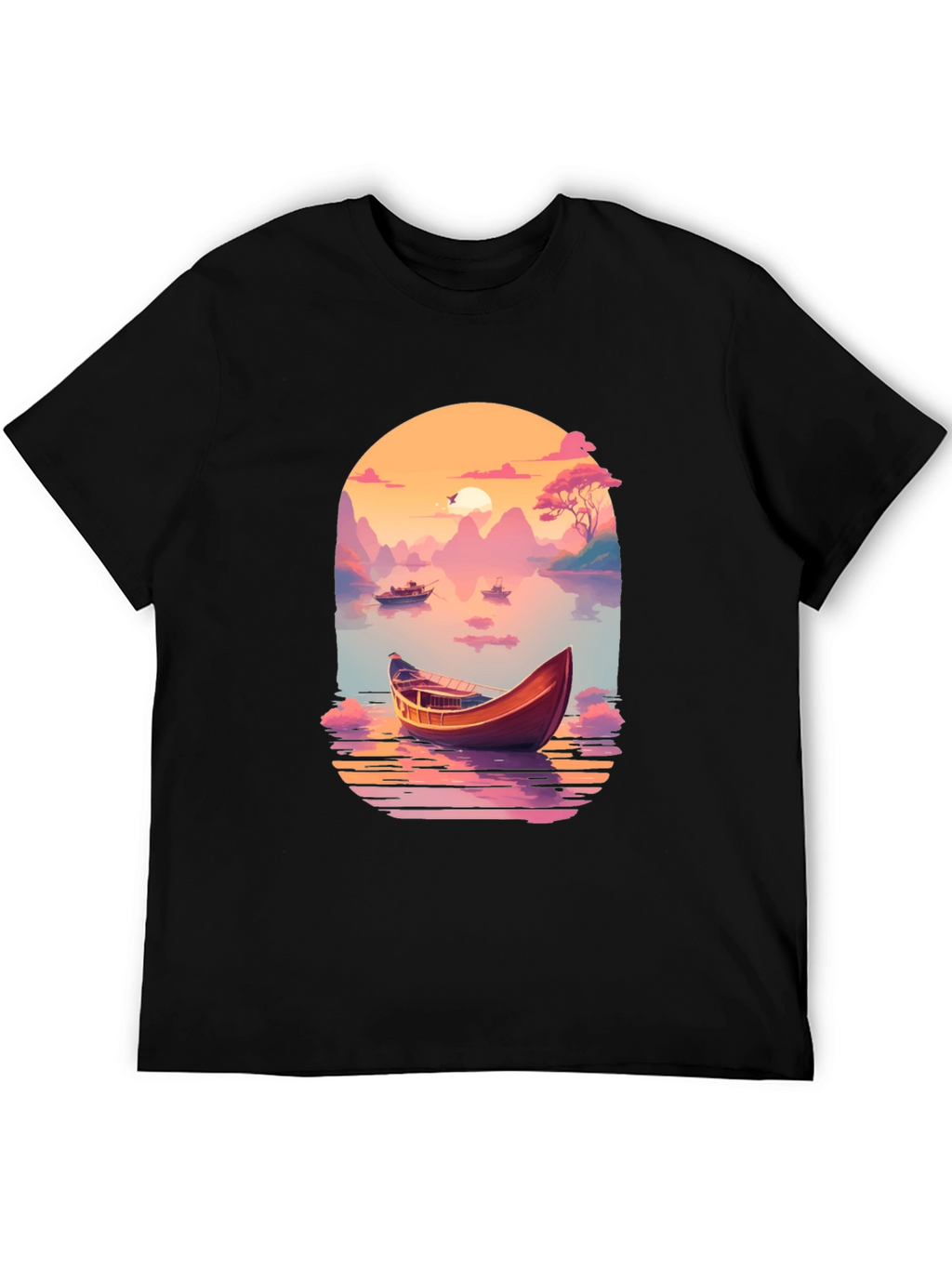 Sunset Lake Boat T-Shirt - Artistic Graphic Tee