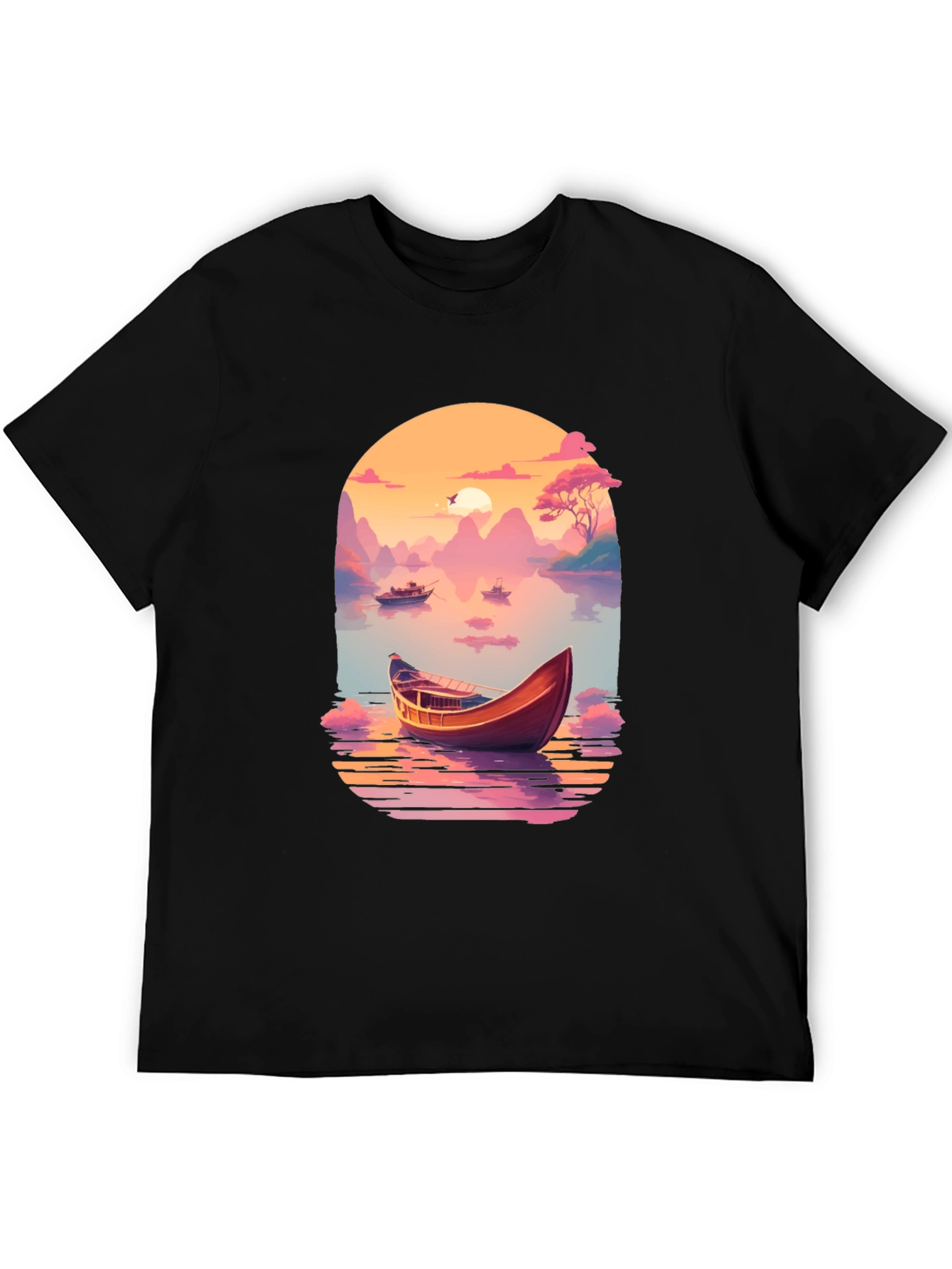 Sunset Lake Boat T-Shirt - Artistic Graphic Tee