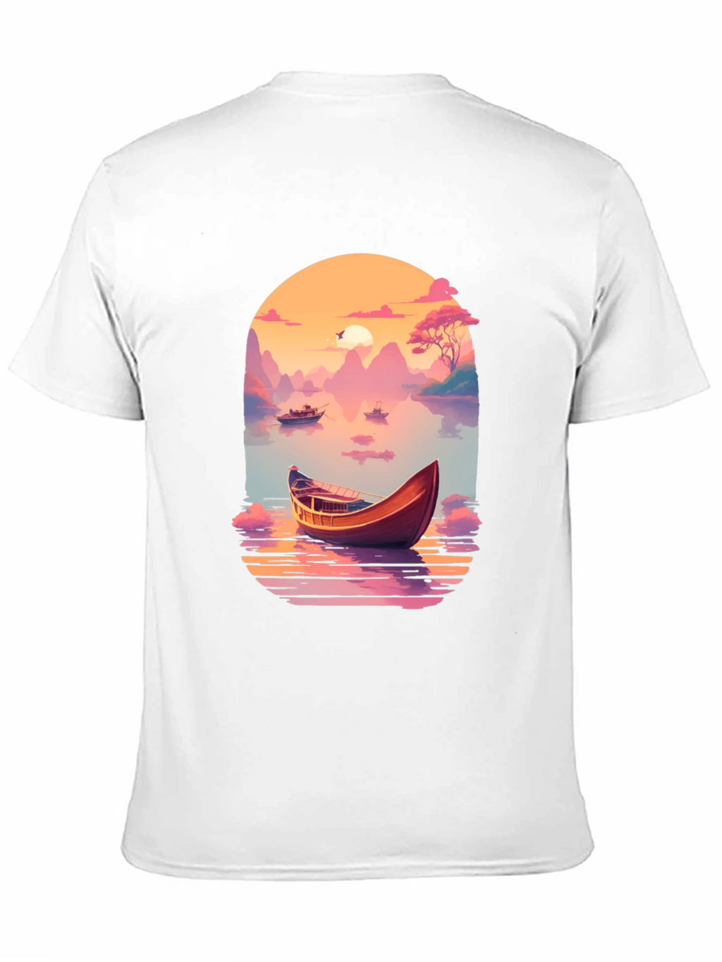 Sunset Lake Boat T-Shirt - Artistic Graphic Tee