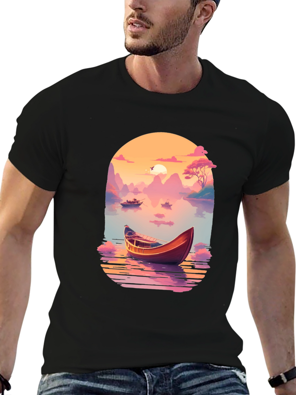 Sunset Lake Boat T-Shirt - Artistic Graphic Tee