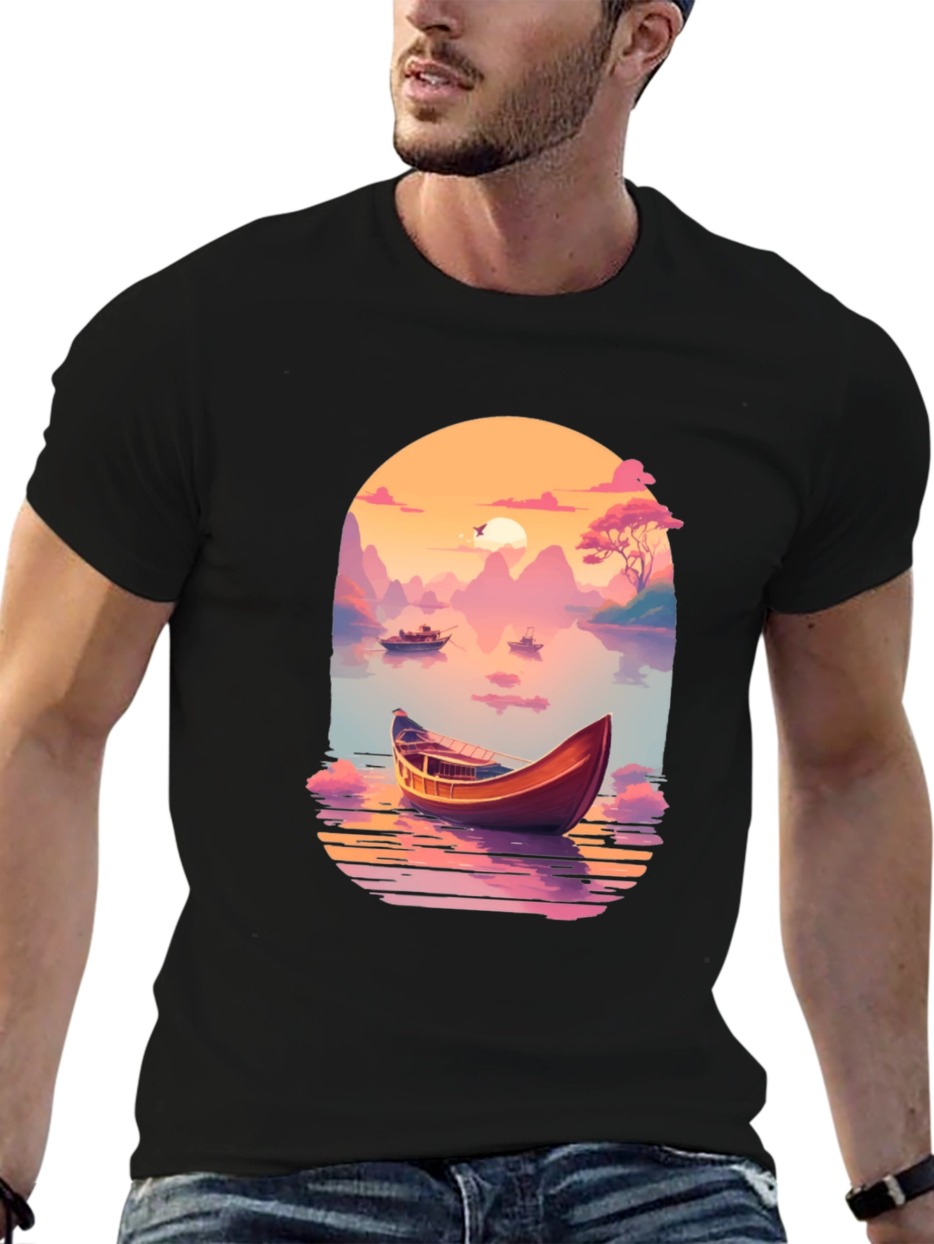 Sunset Lake Boat T-Shirt - Artistic Graphic Tee