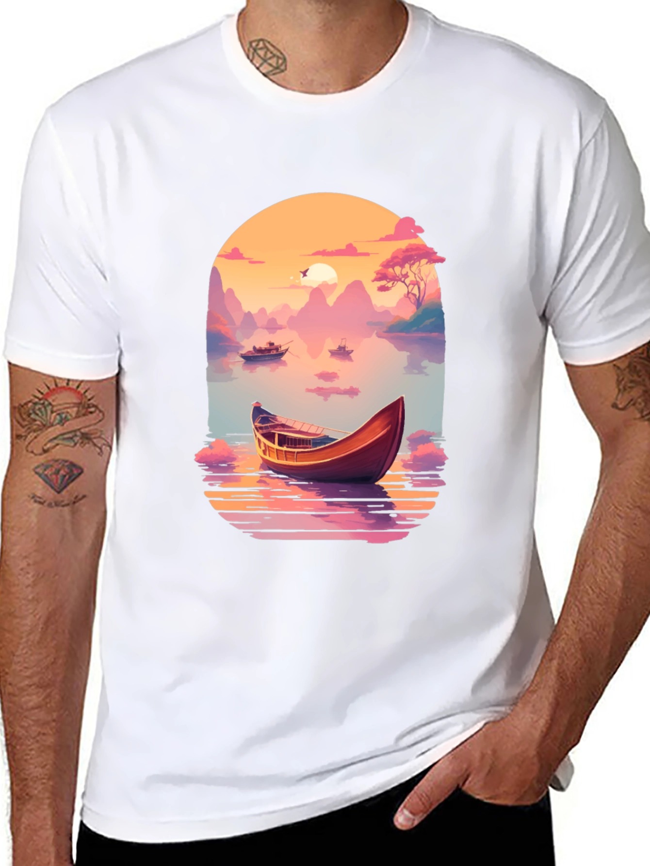 Sunset Lake Boat T-Shirt - Artistic Graphic Tee