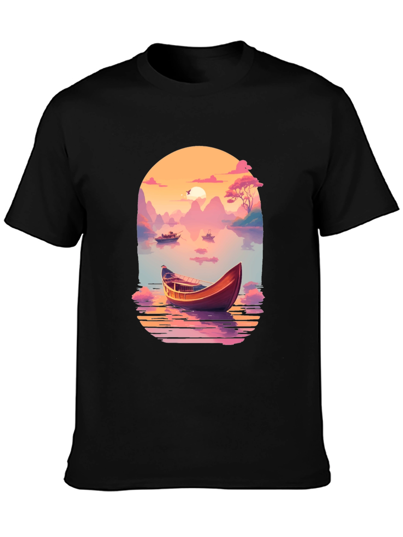 Sunset Lake Boat T-Shirt - Artistic Graphic Tee