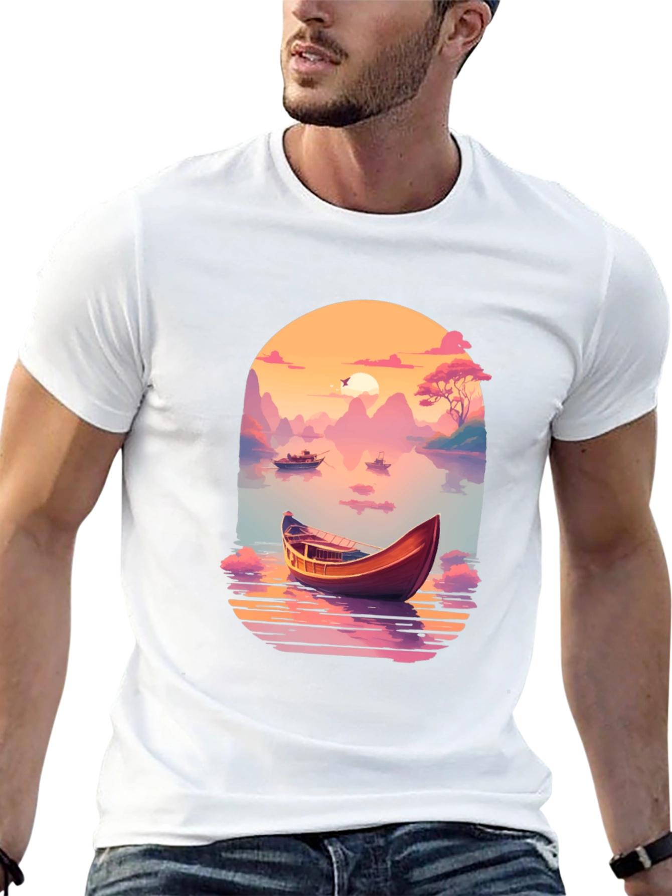 Sunset Lake Boat T-Shirt - Artistic Graphic Tee