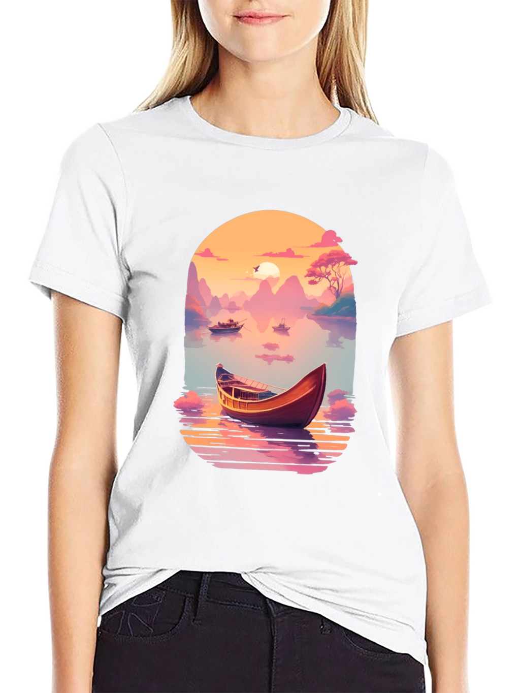Sunset Lake Boat T-Shirt - Artistic Graphic Tee