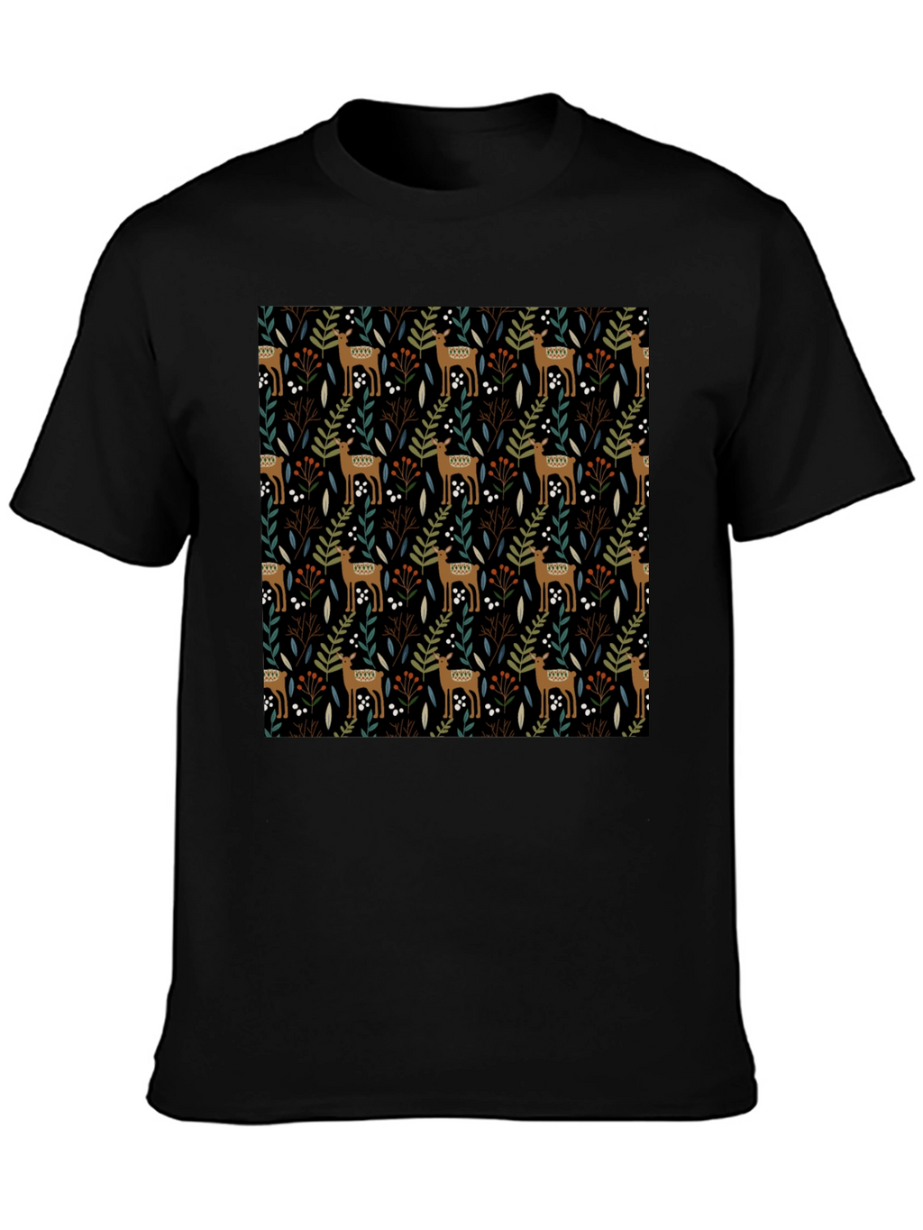 Deer & Foliage Print Black T-Shirt
