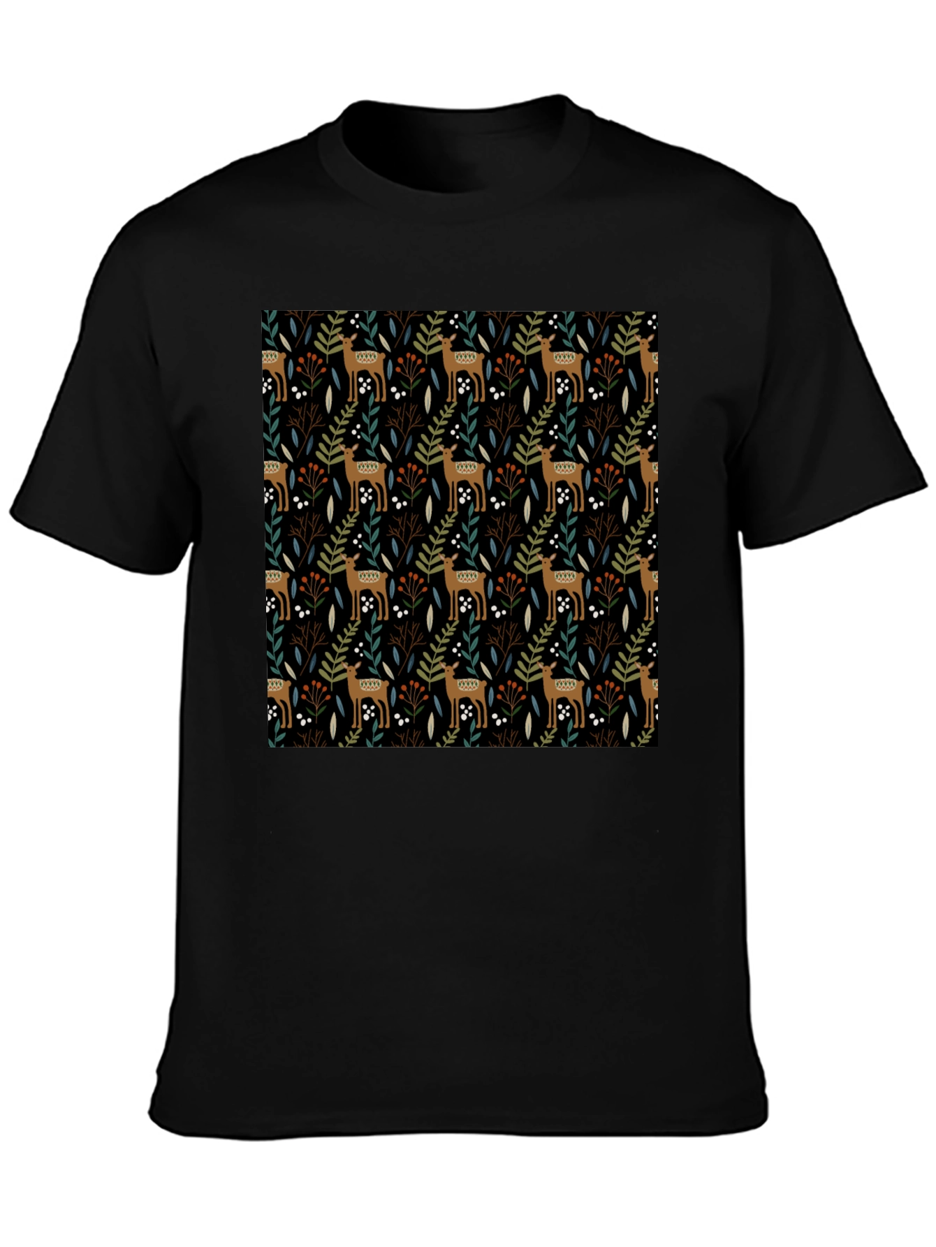 Deer & Foliage Print Black T-Shirt