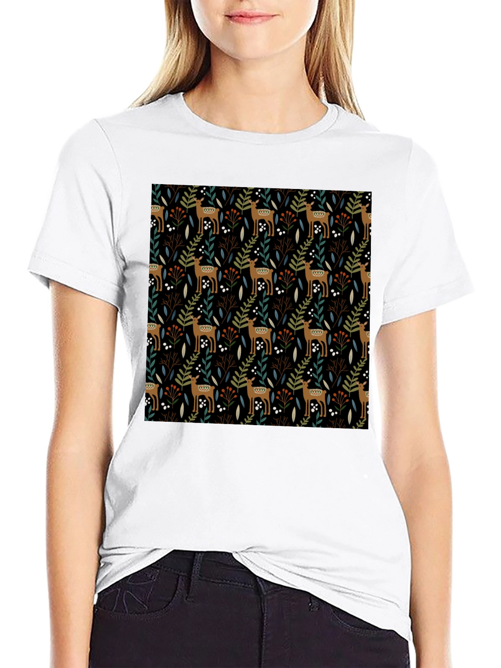 Deer & Foliage Print Black T-Shirt