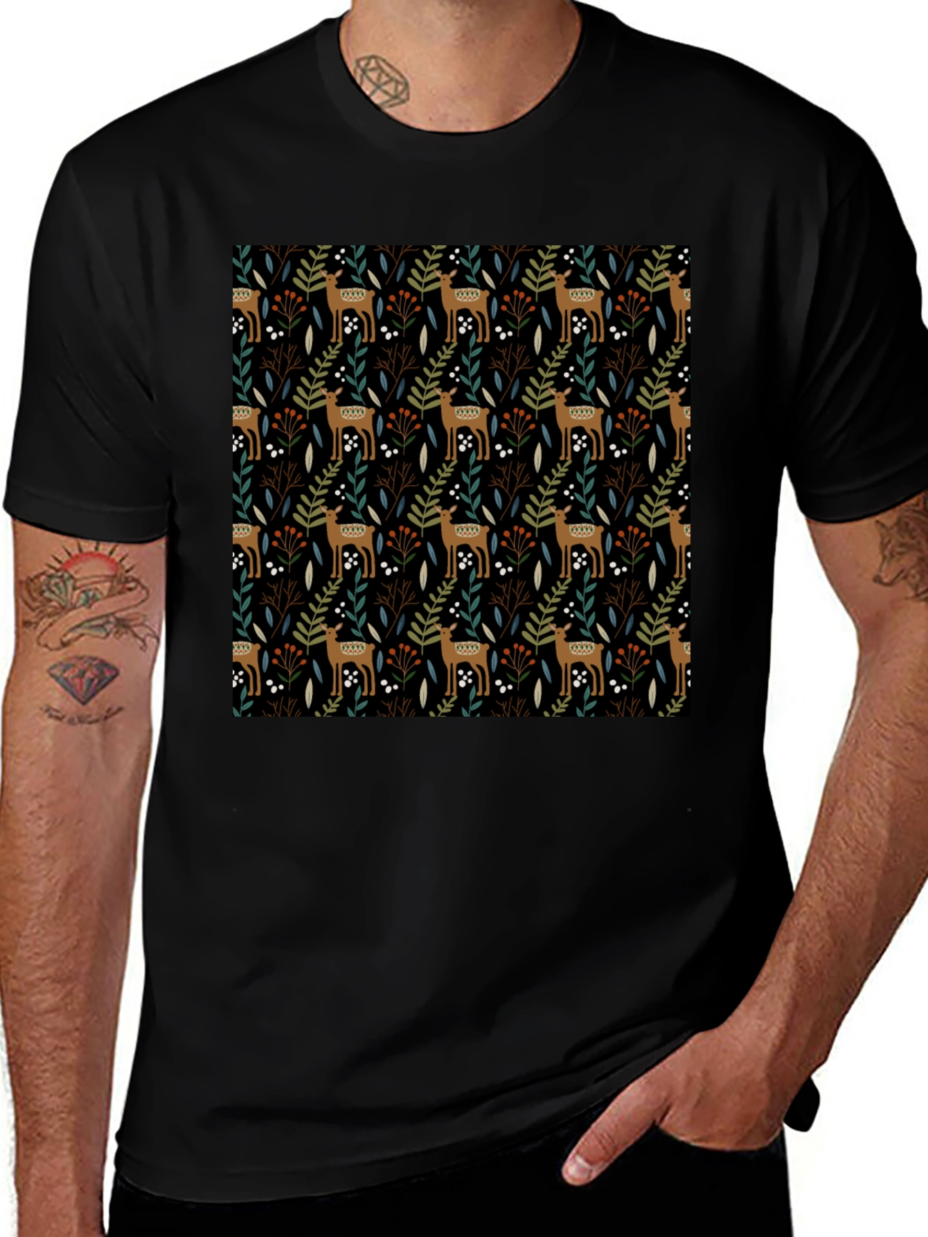 Deer & Foliage Print Black T-Shirt