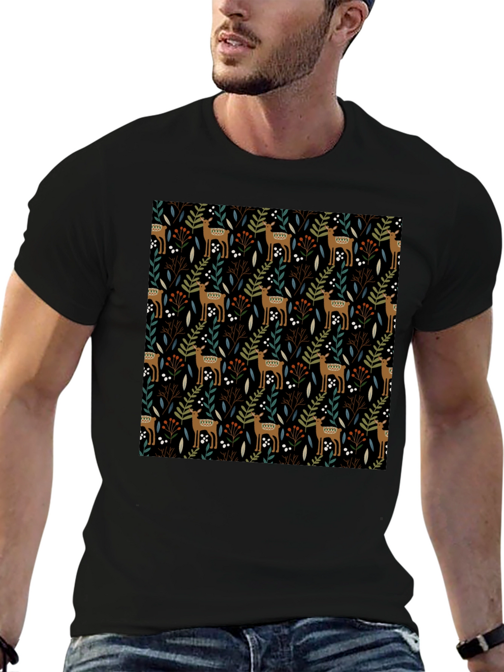 Deer & Foliage Print Black T-Shirt