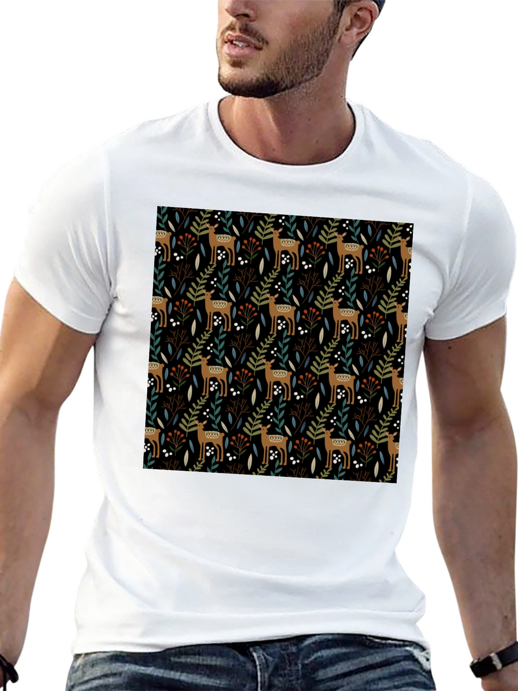 Deer & Foliage Print Black T-Shirt