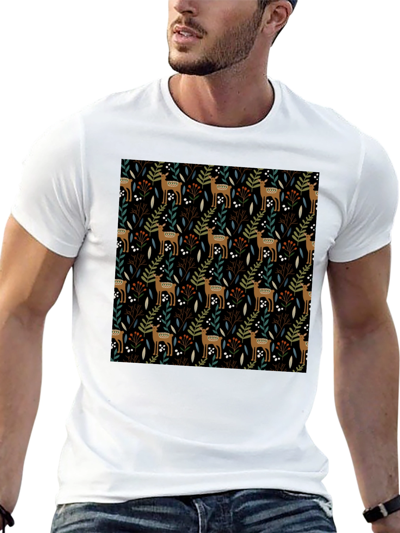 Deer & Foliage Print Black T-Shirt