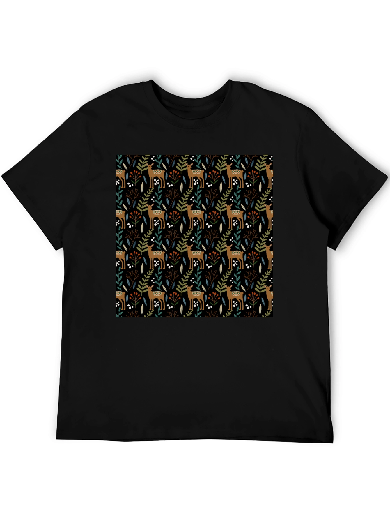 Deer & Foliage Print Black T-Shirt
