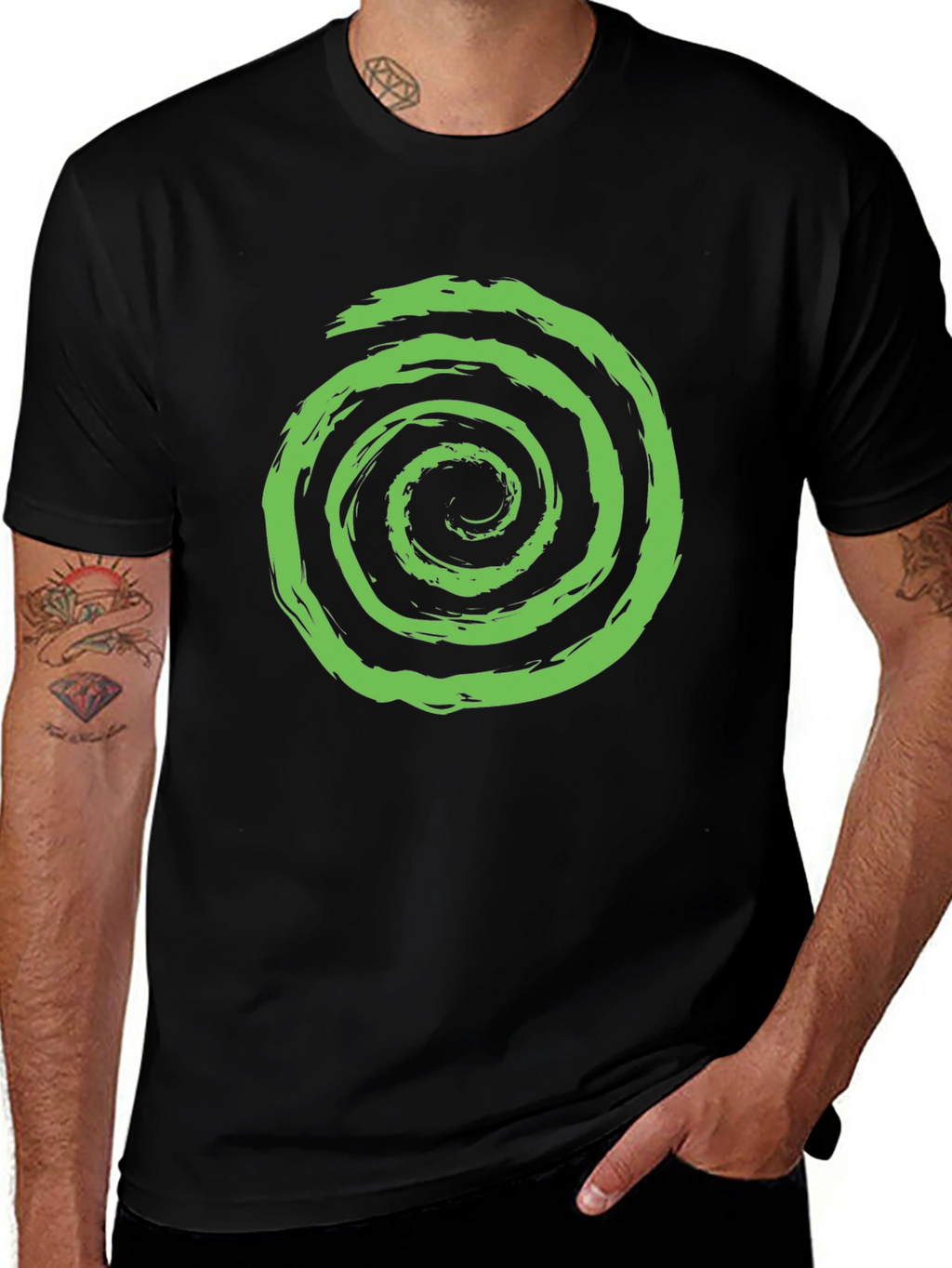 Green Spiral Graphic Black T-Shirt