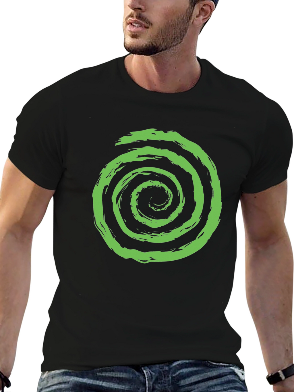 Green Spiral Graphic Black T-Shirt
