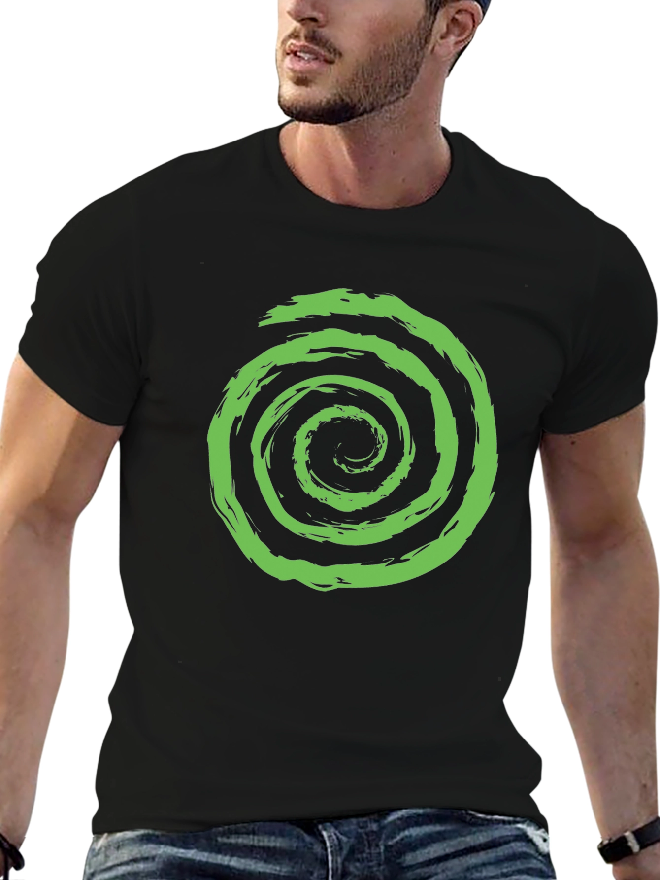 Green Spiral Graphic Black T-Shirt