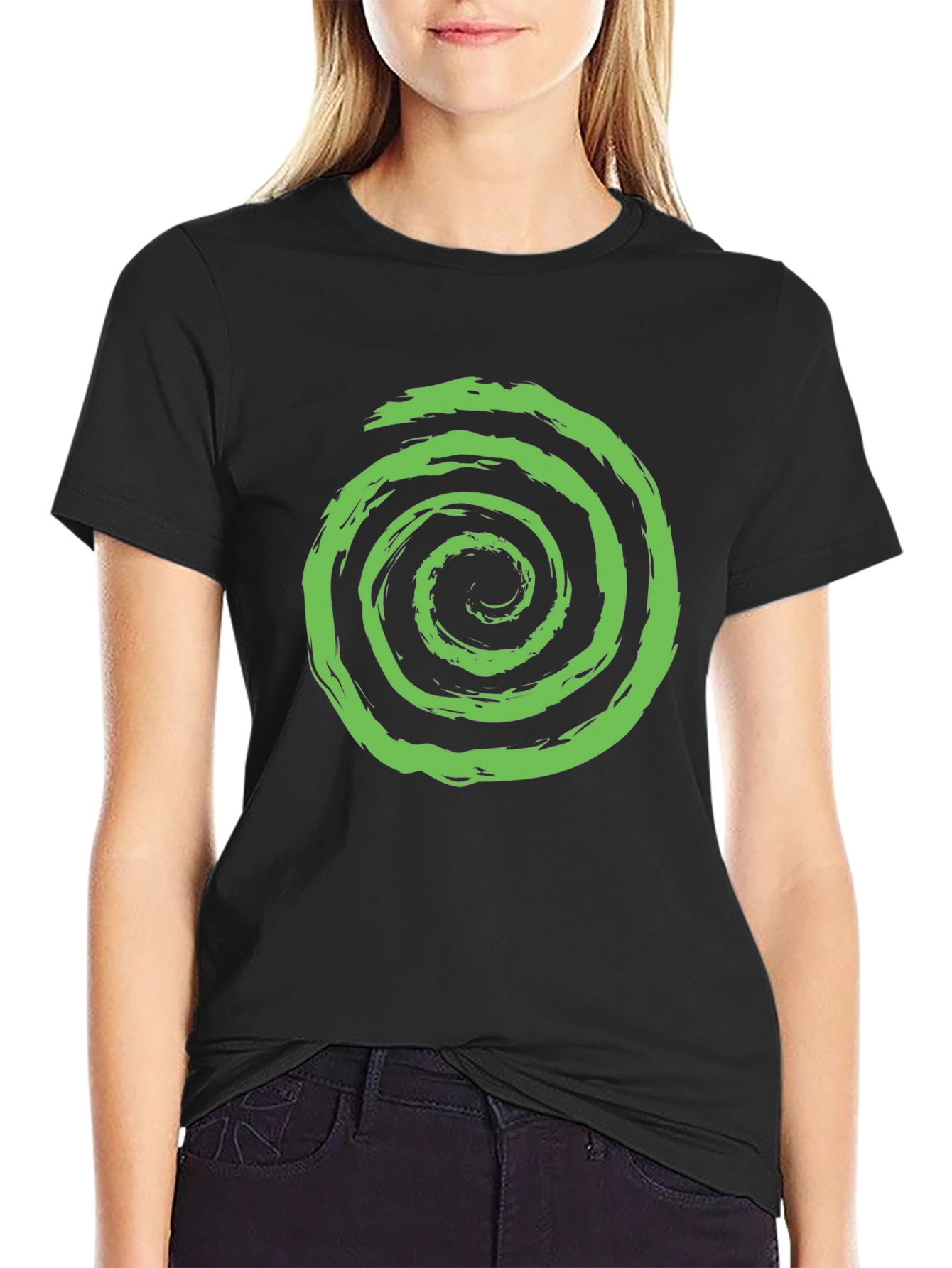 Green Spiral Graphic Black T-Shirt