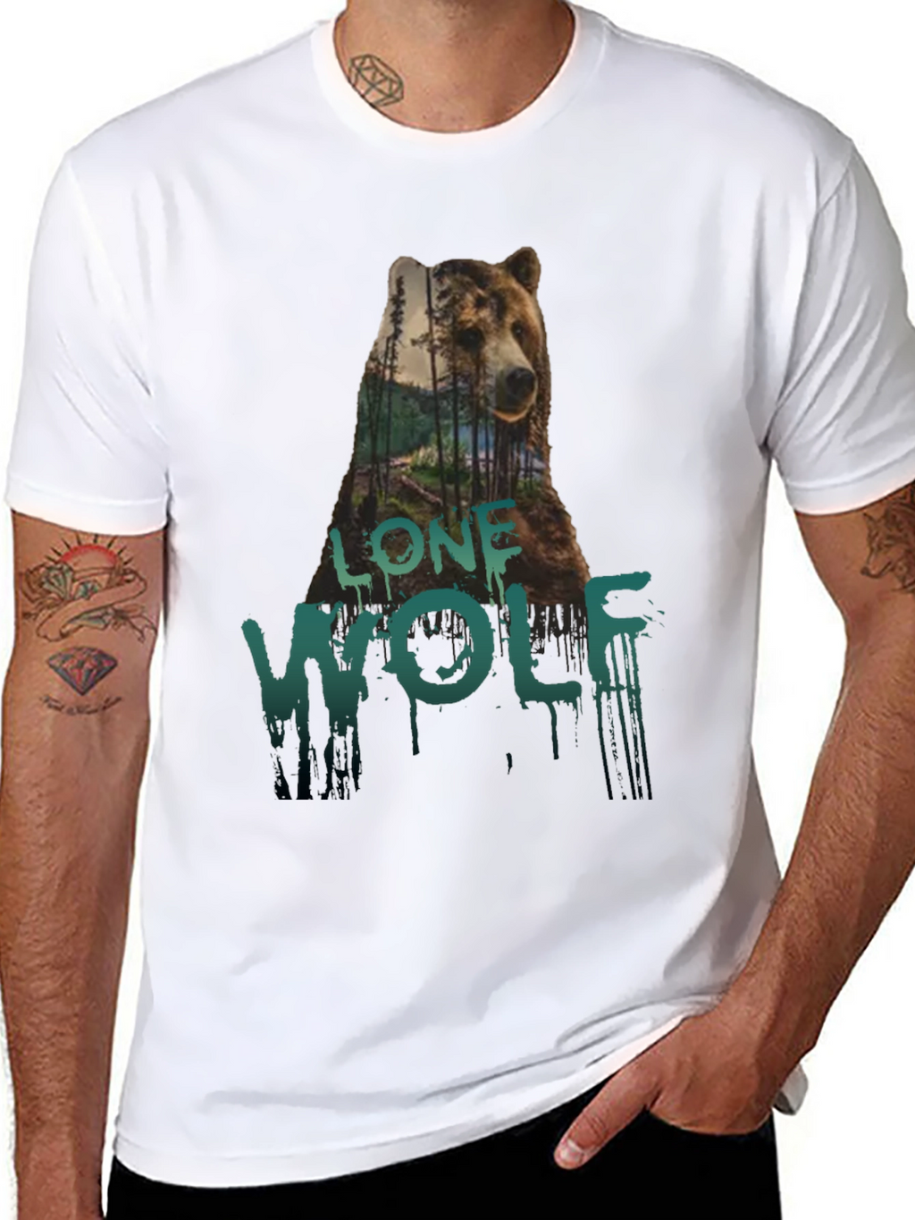 Lone Wolf Bear Graphic Tee - Black Cotton T-Shirt