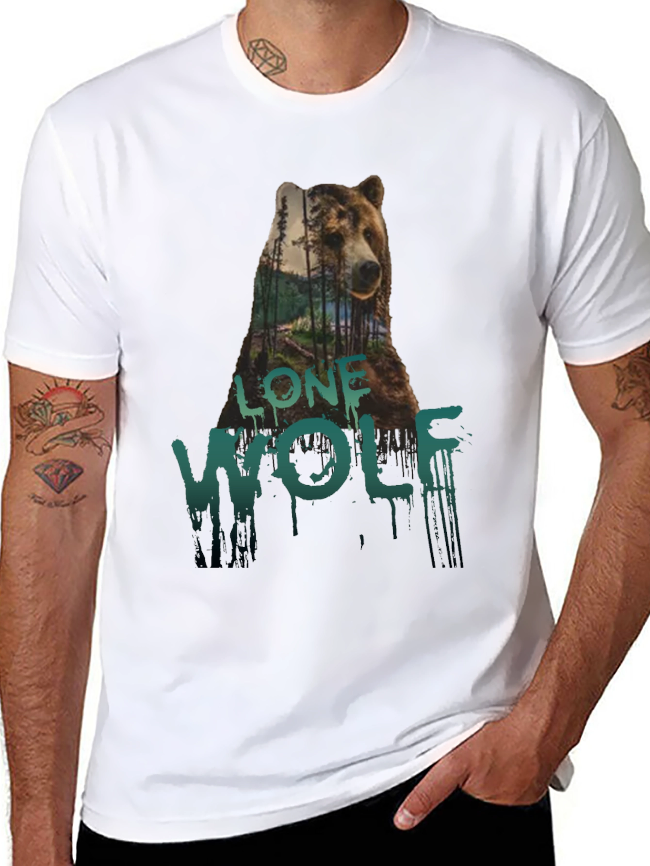Lone Wolf Bear Graphic Tee - Black Cotton T-Shirt