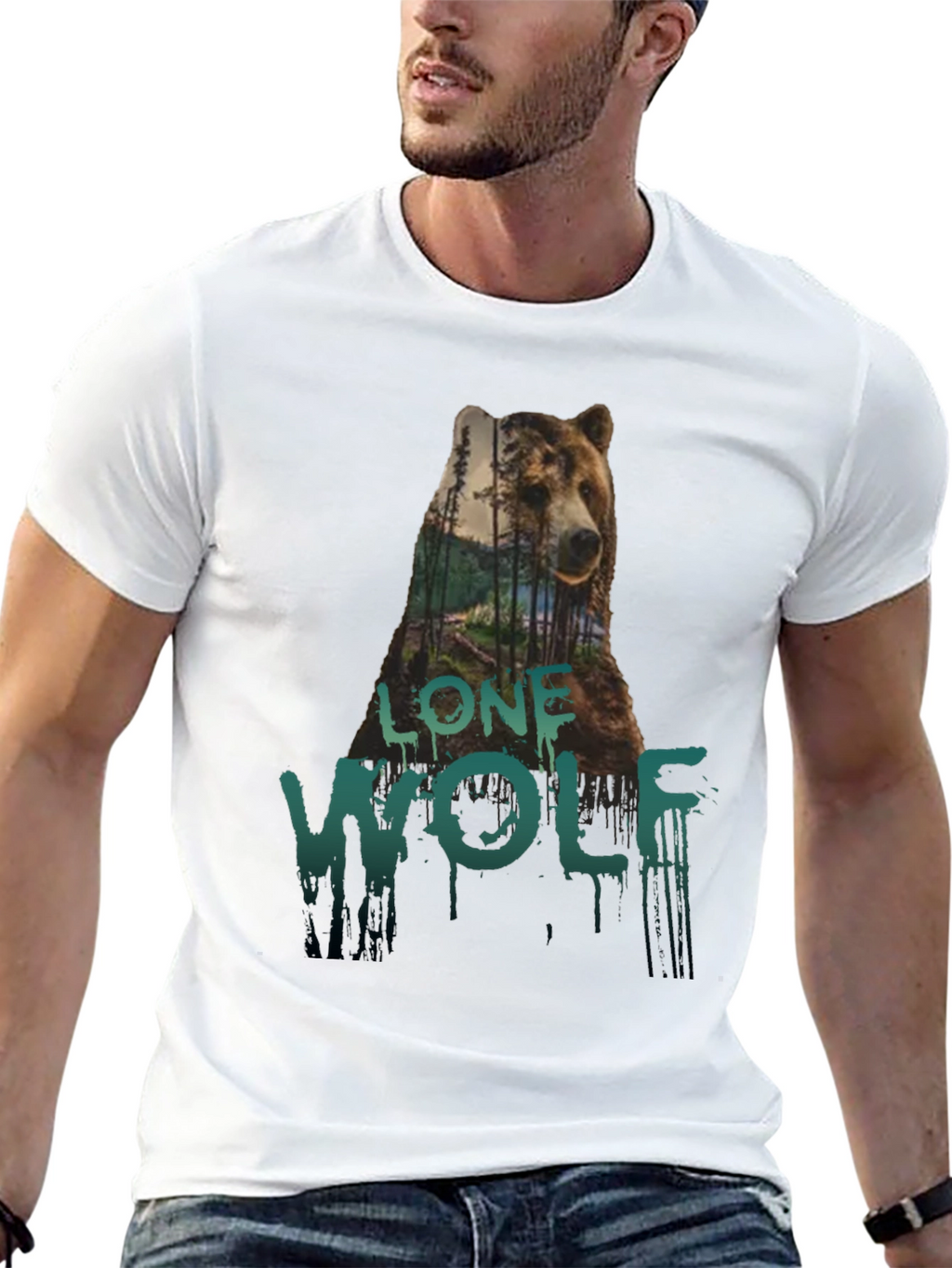 Lone Wolf Bear Graphic Tee - Black Cotton T-Shirt