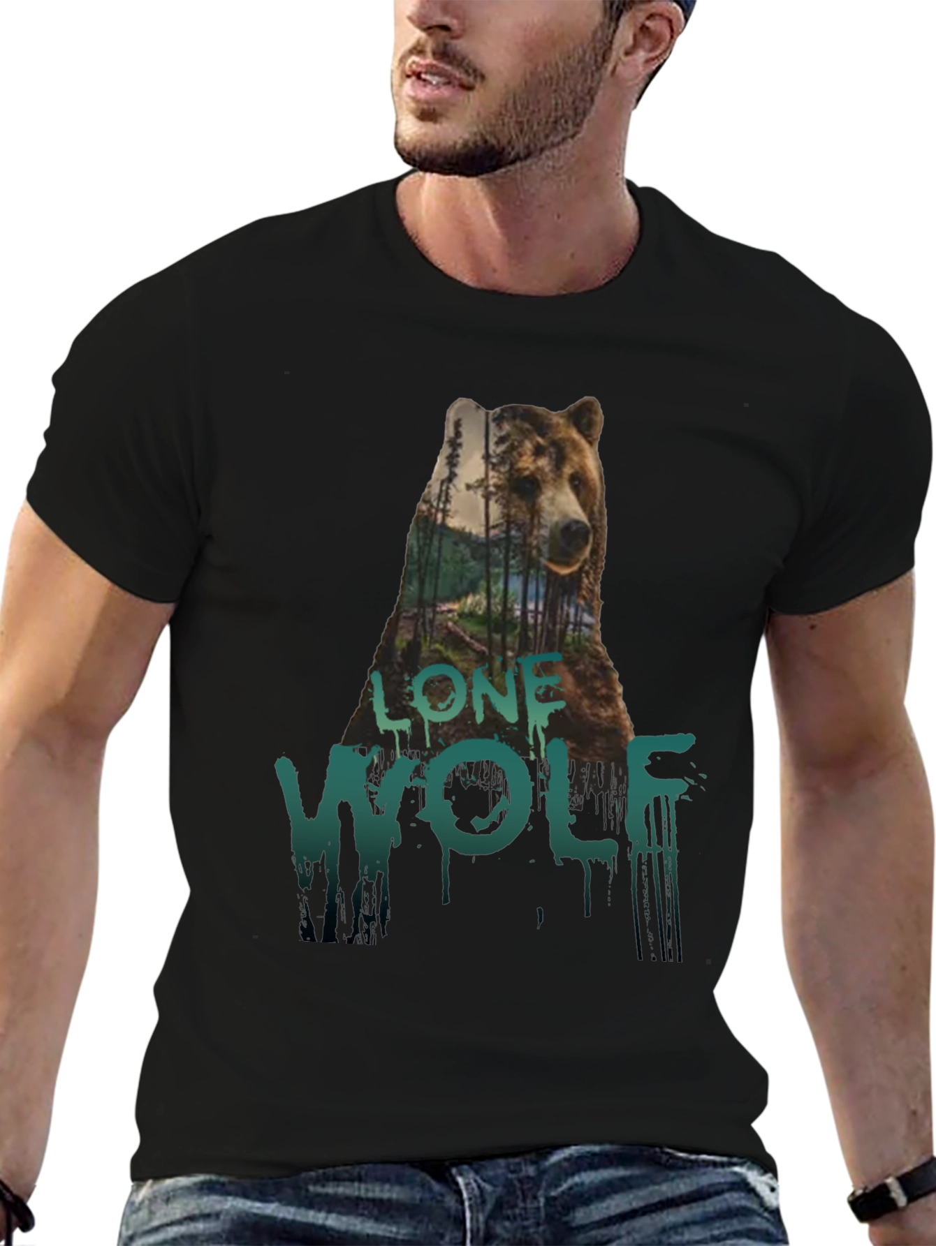 Lone Wolf Bear Graphic Tee - Black Cotton T-Shirt