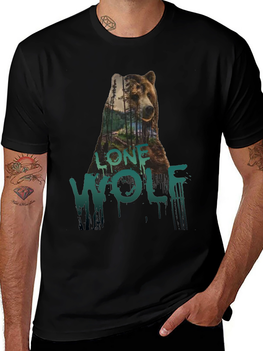 Lone Wolf Bear Graphic Tee - Black Cotton T-Shirt