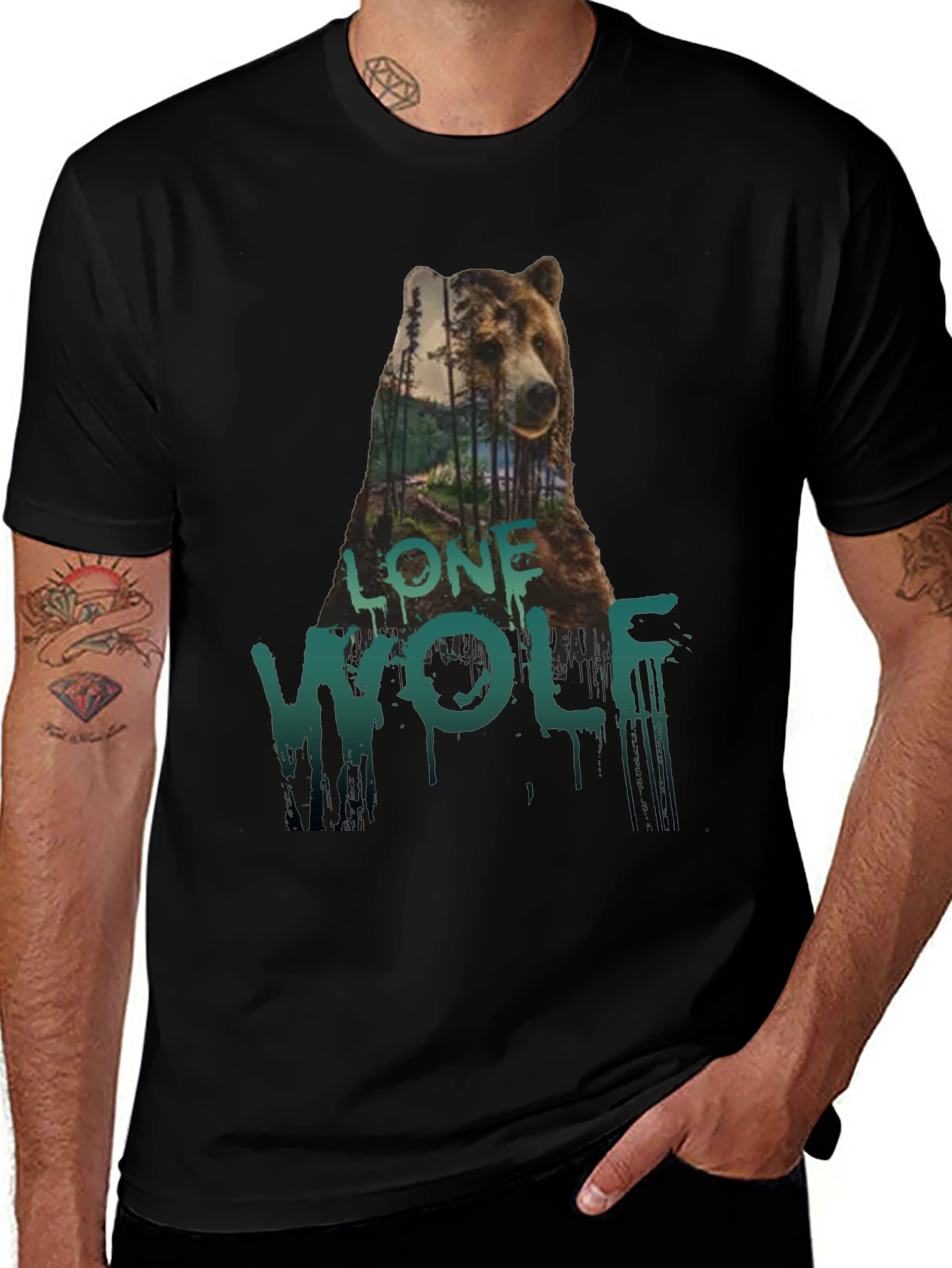 Lone Wolf Bear Graphic Tee - Black Cotton T-Shirt