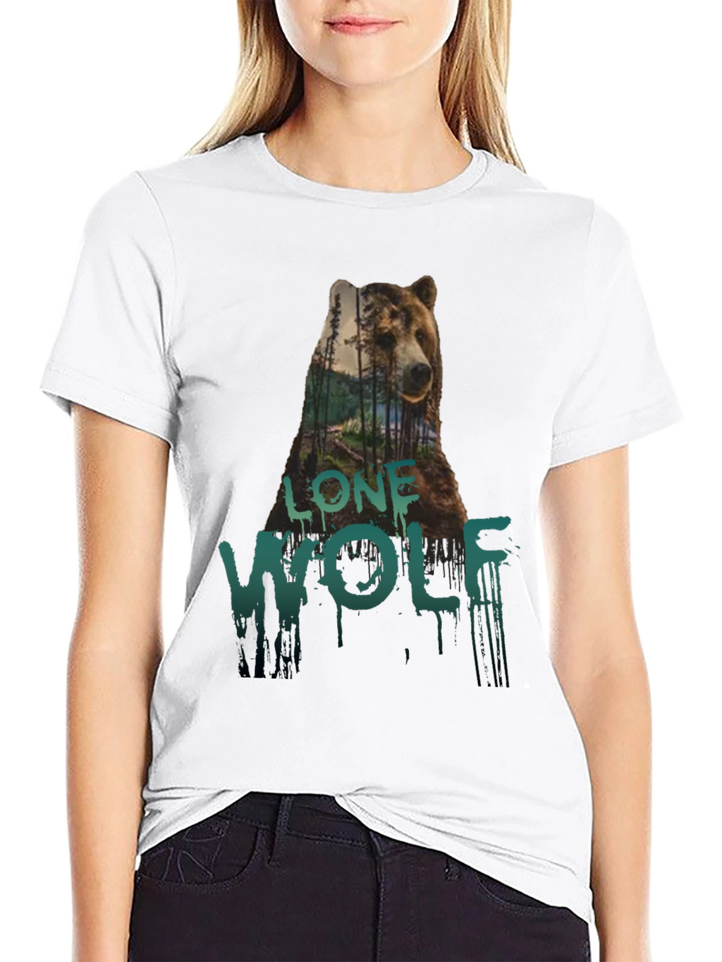 Lone Wolf Bear Graphic Tee - Black Cotton T-Shirt