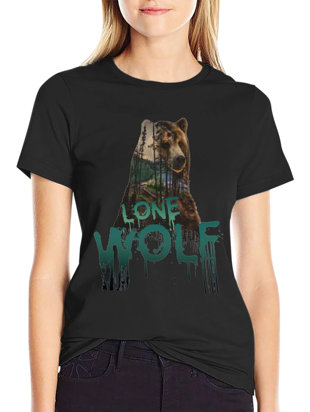 Lone Wolf Bear Graphic Tee - Black Cotton T-Shirt