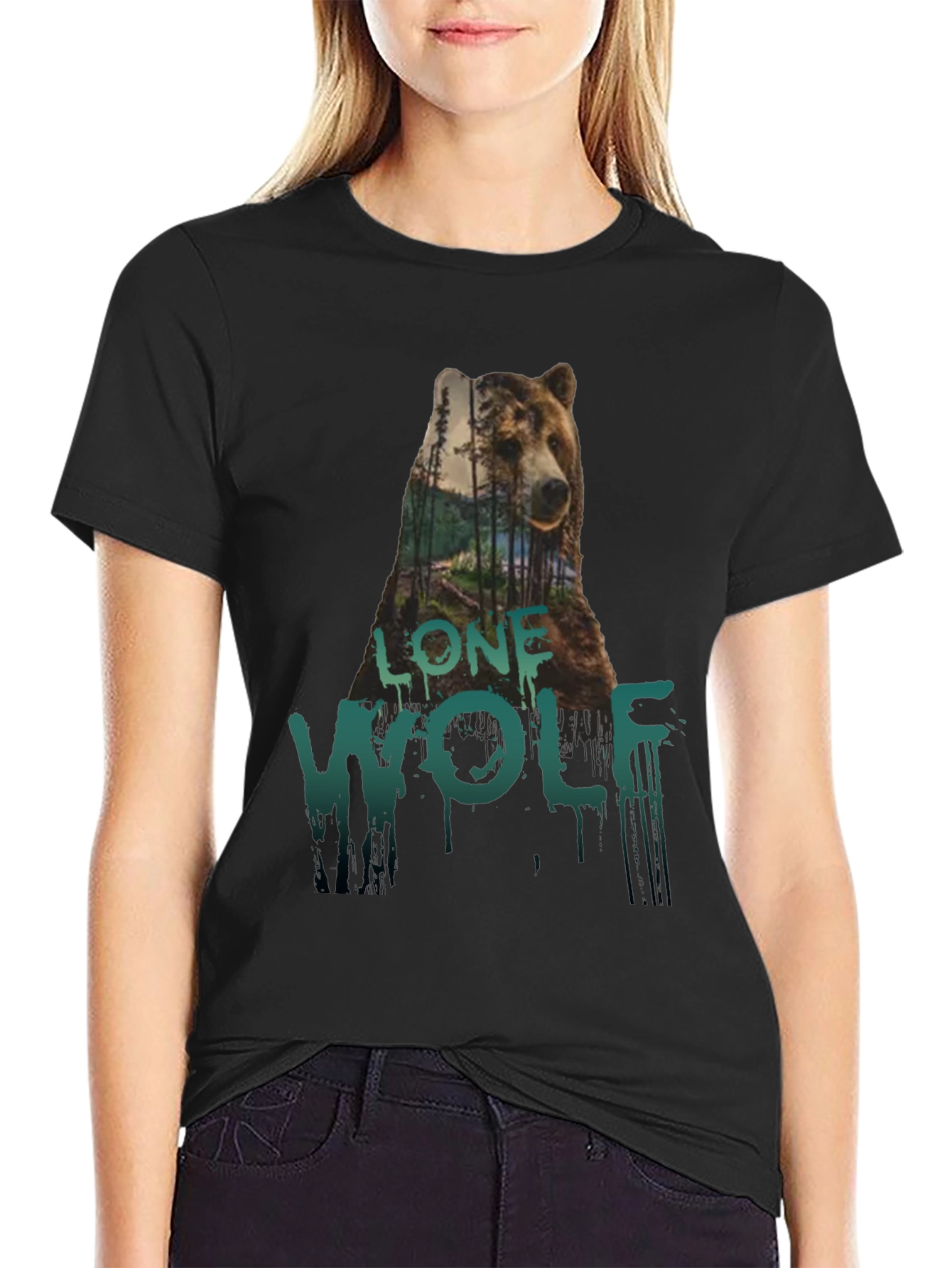 Lone Wolf Bear Graphic Tee - Black Cotton T-Shirt