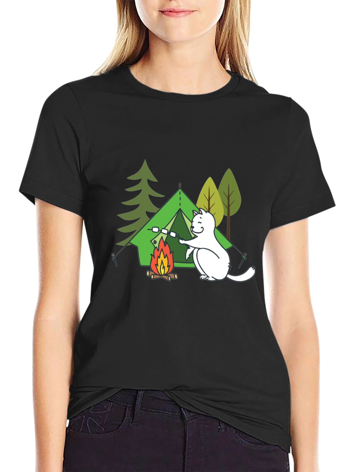 Camping Cat Graphic T-Shirt - Black