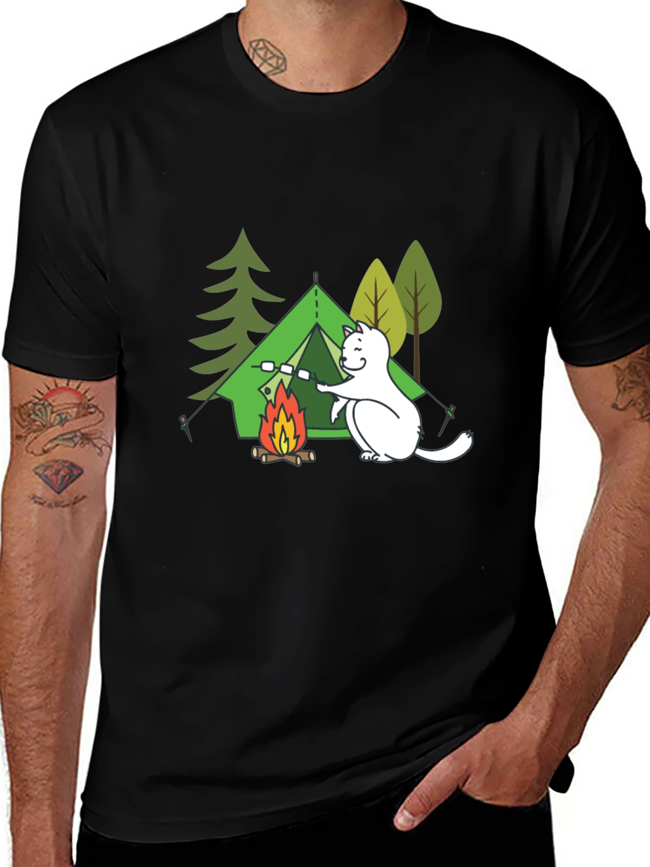 Camping Cat Graphic T-Shirt - Black