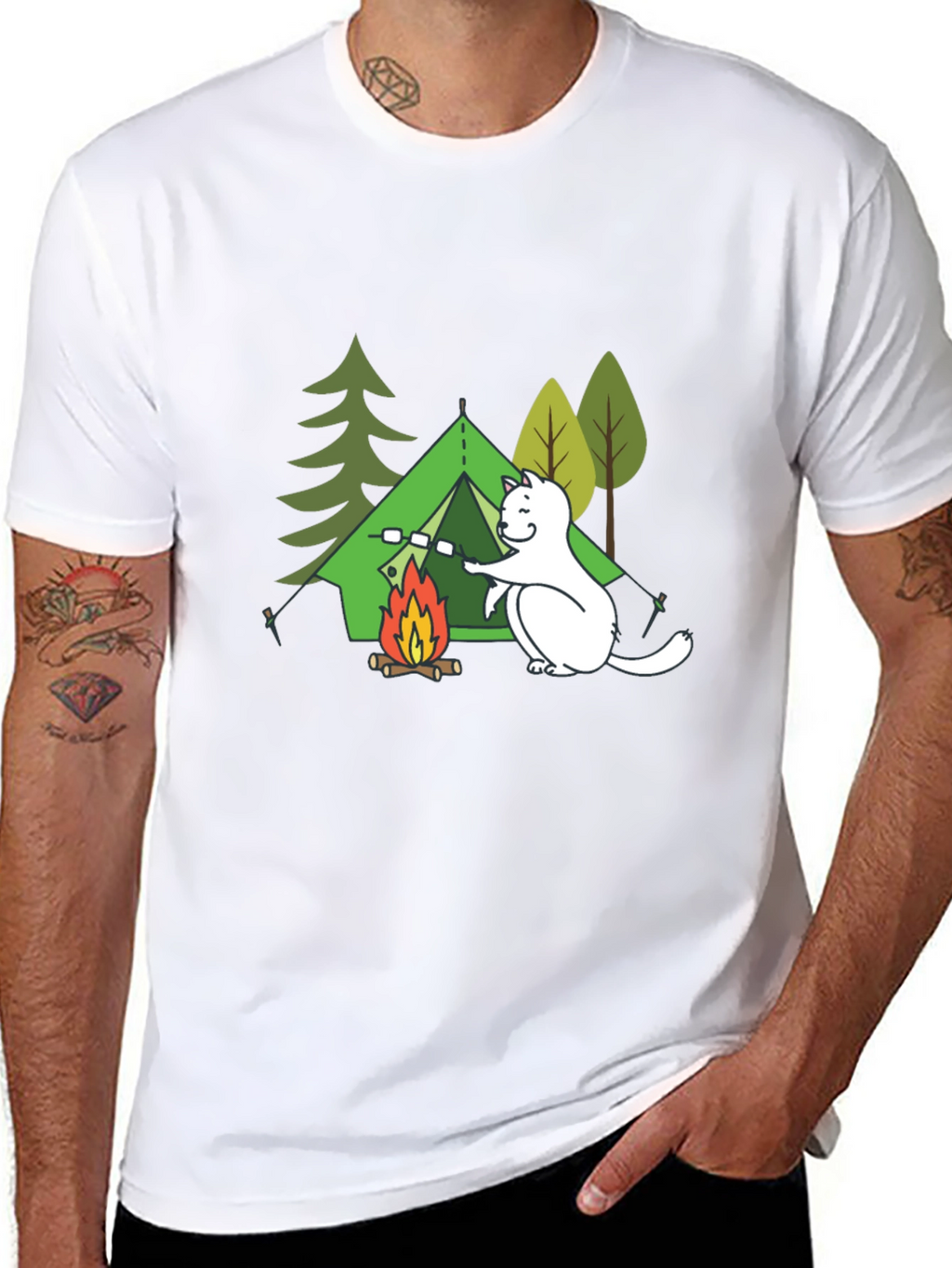 Camping Cat Graphic T-Shirt - Black
