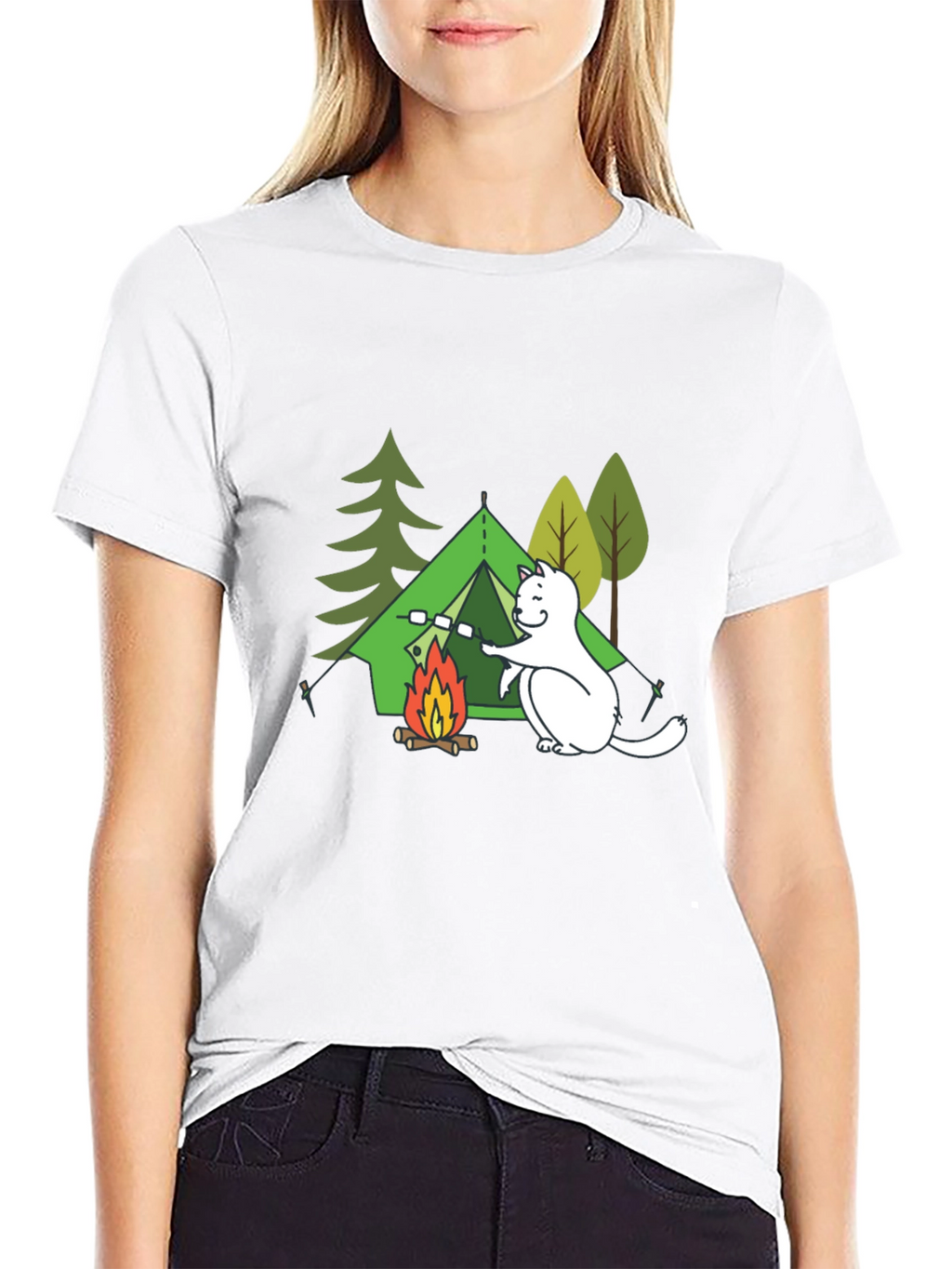 Camping Cat Graphic T-Shirt - Black