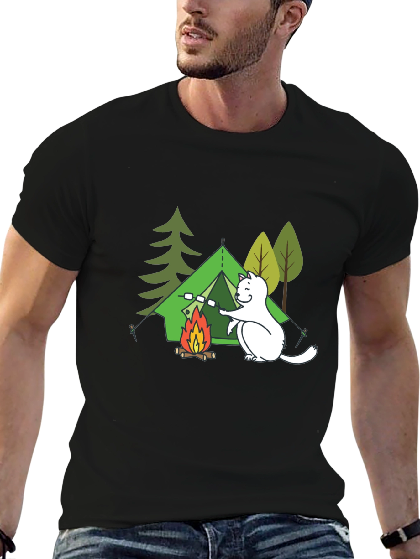 Camping Cat Graphic T-Shirt - Black