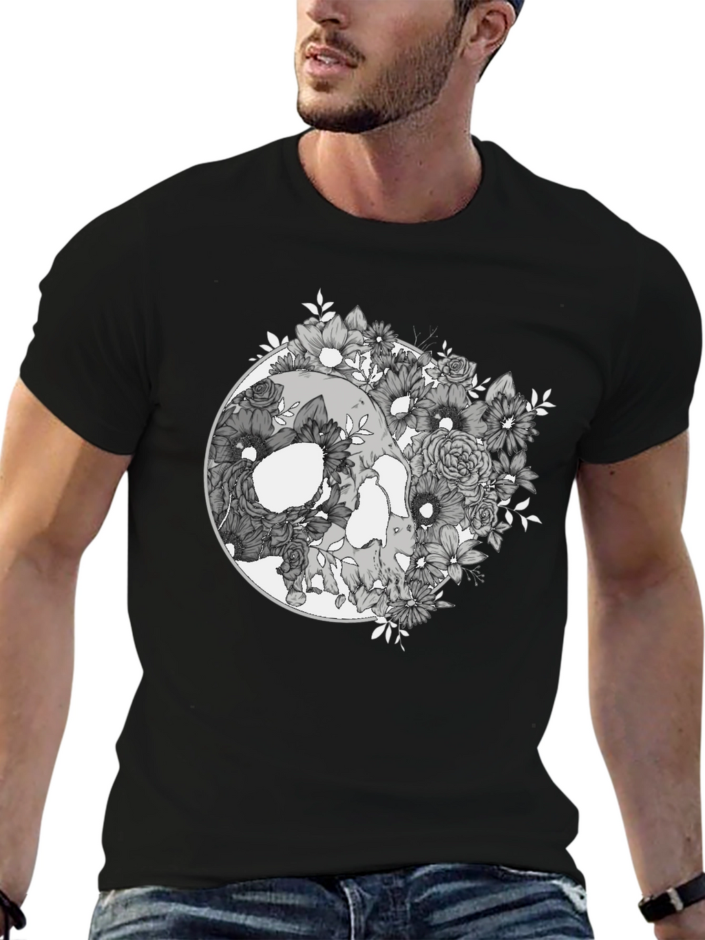 Floral Skull Graphic Tee - Mens Black T-Shirt