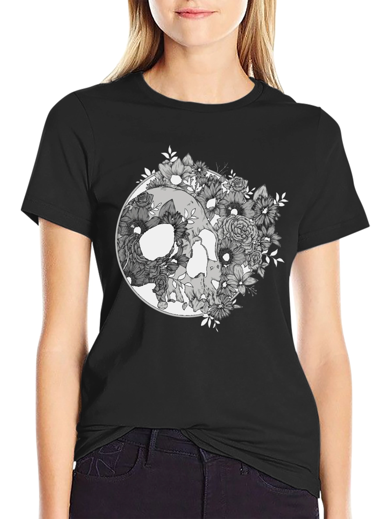 Floral Skull Graphic Tee - Mens Black T-Shirt