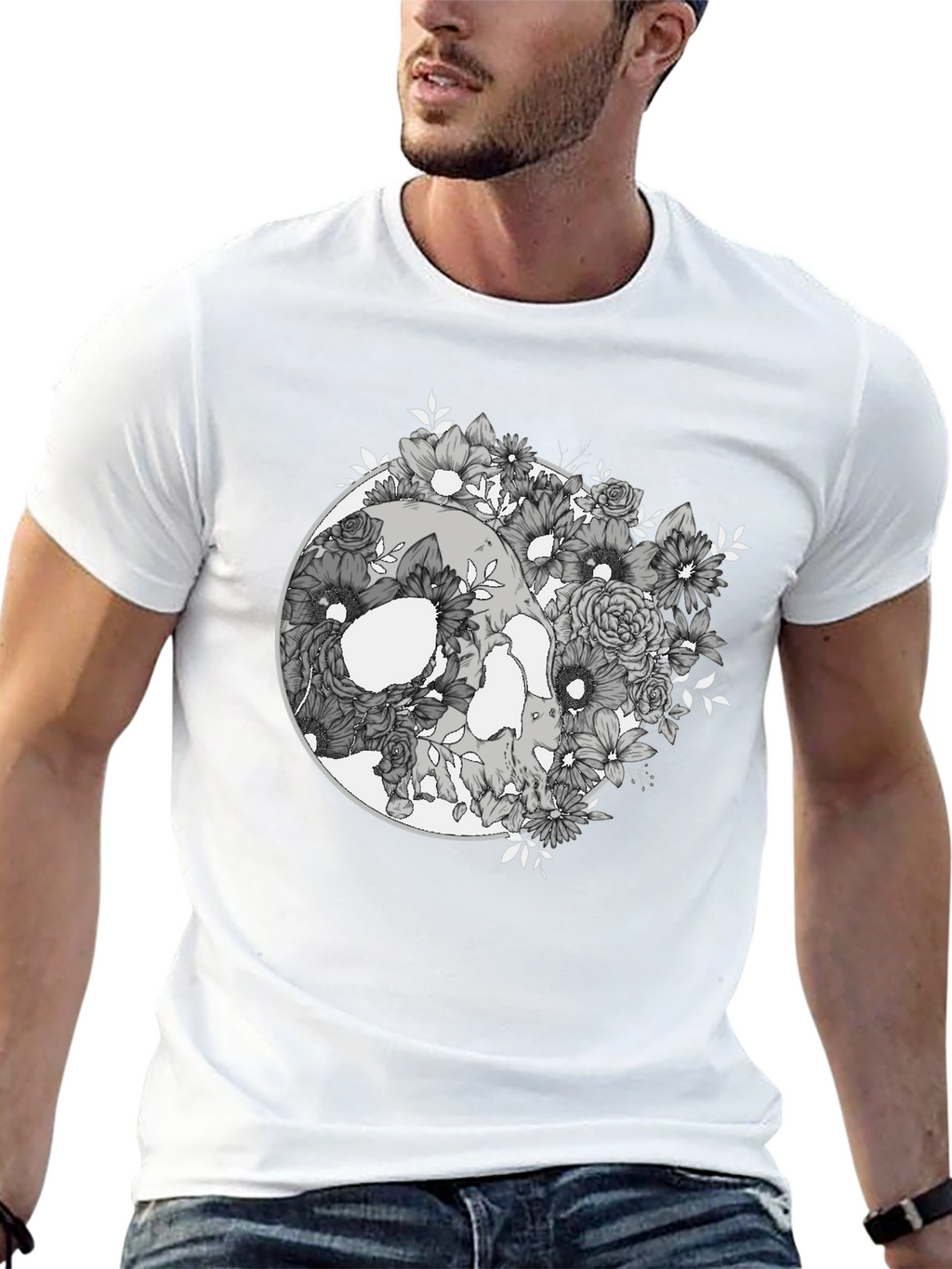 Floral Skull Graphic Tee - Mens Black T-Shirt