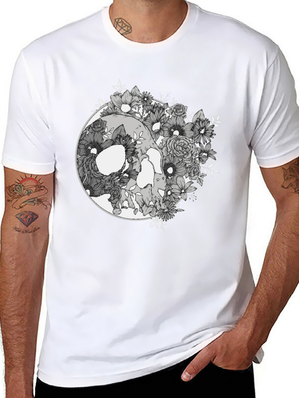 Floral Skull Graphic Tee - Mens Black T-Shirt