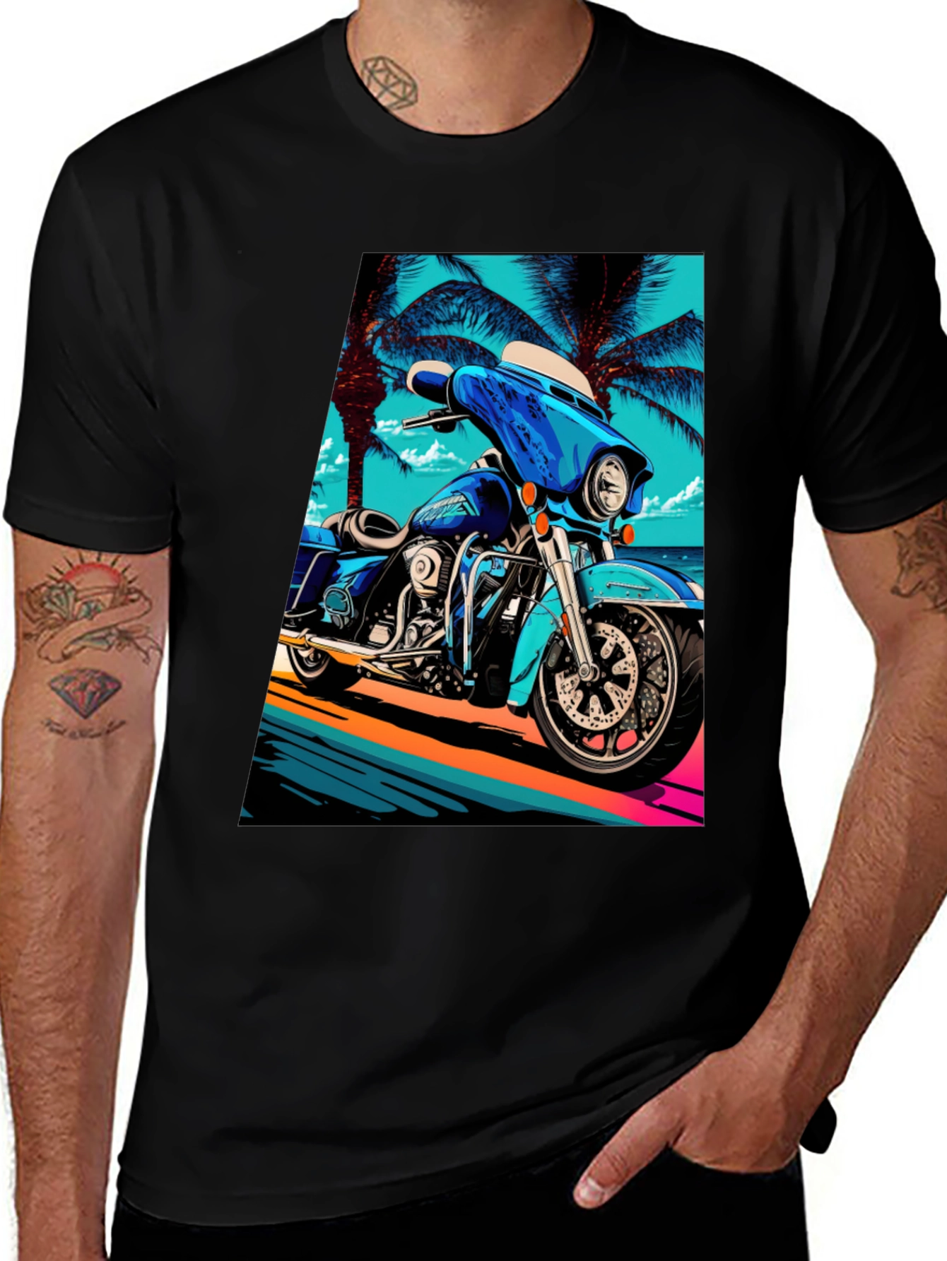 Motorcycle Beach Graphic Tee - Cool Black T-Shirt