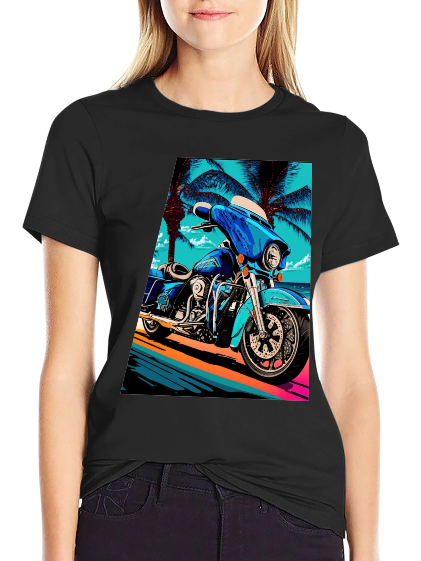 Motorcycle Beach Graphic Tee - Cool Black T-Shirt