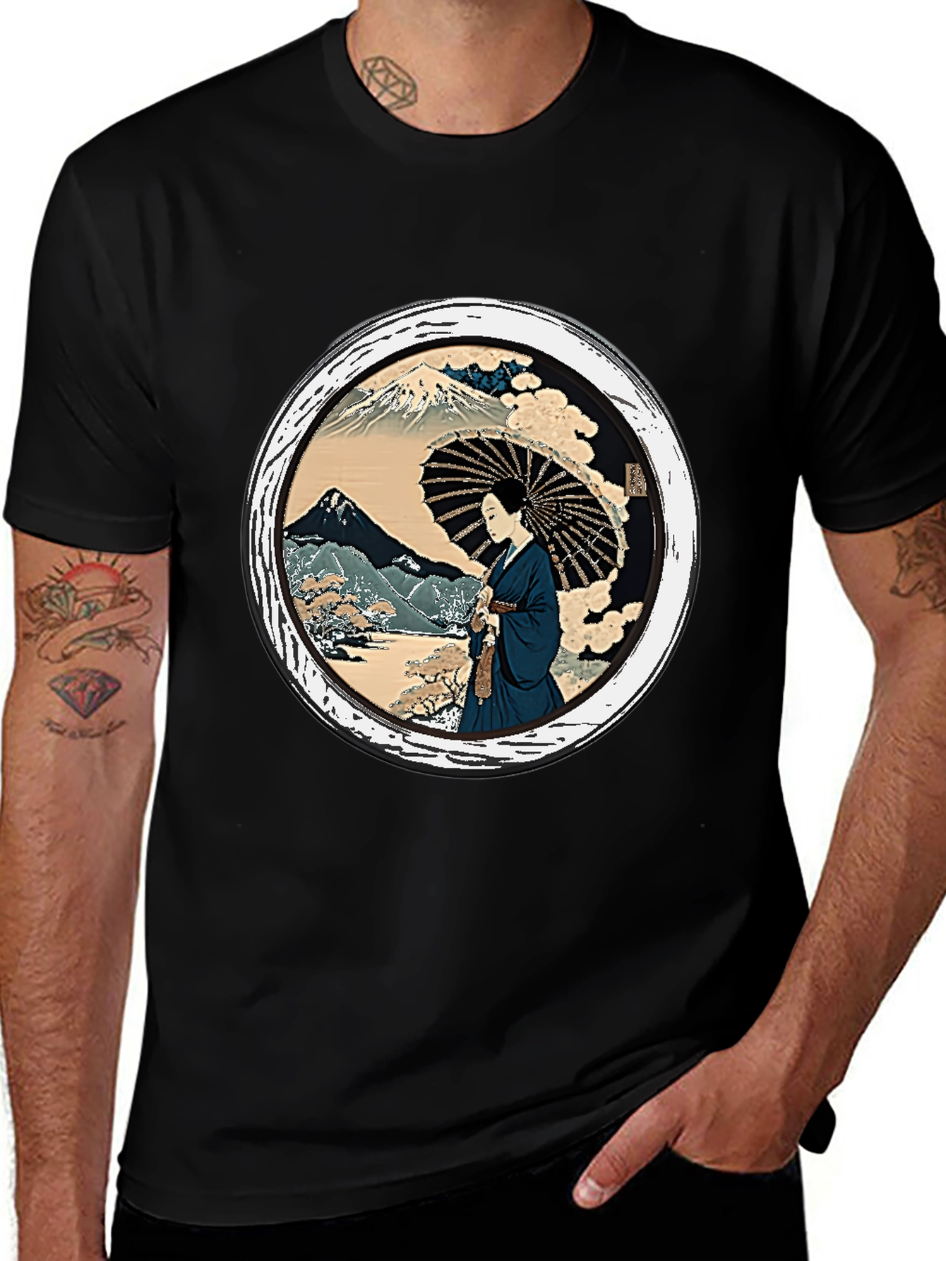 Japanese Art T-Shirt - Geisha & Mount Fuji Design