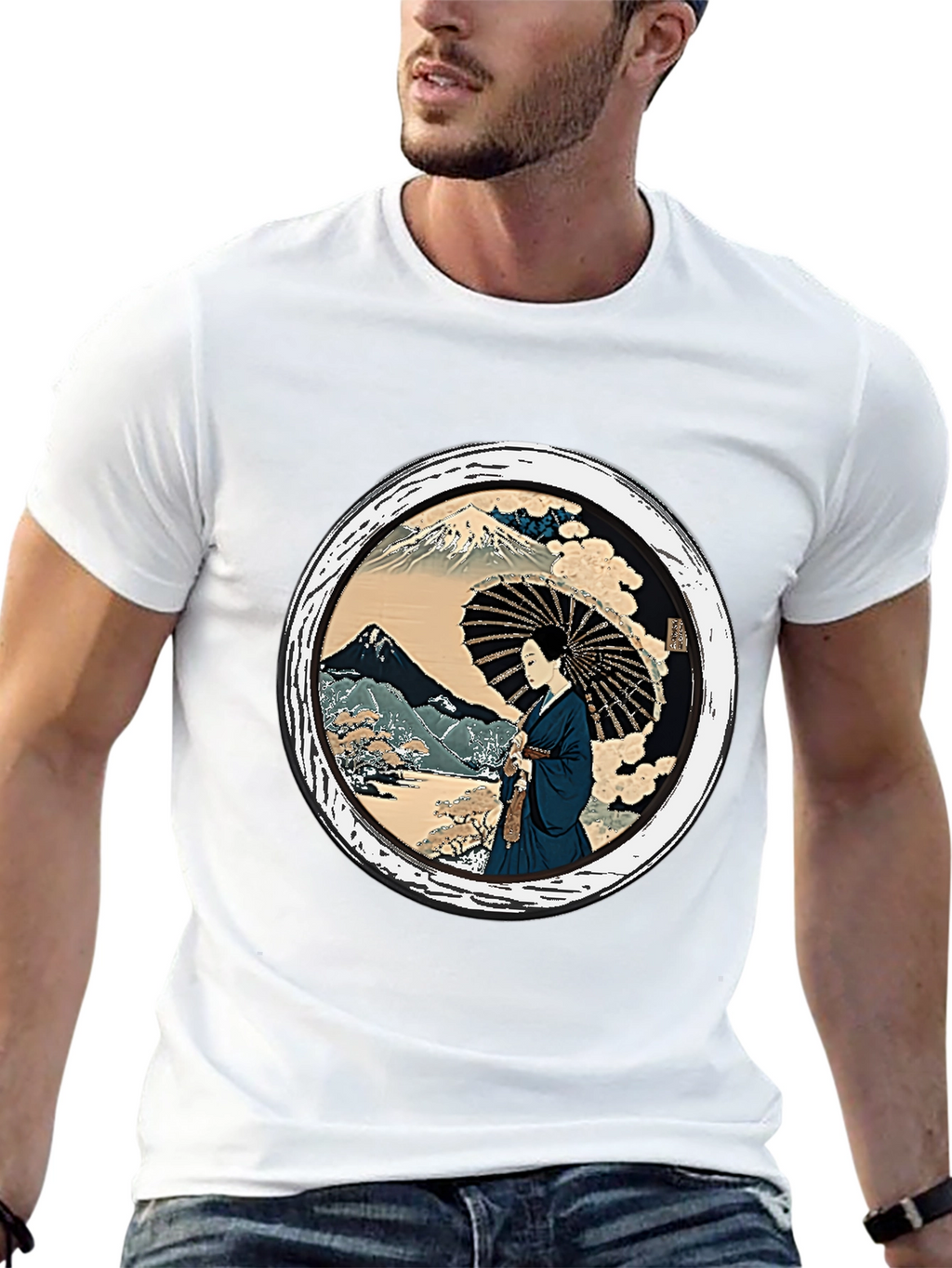 Japanese Art T-Shirt - Geisha & Mount Fuji Design