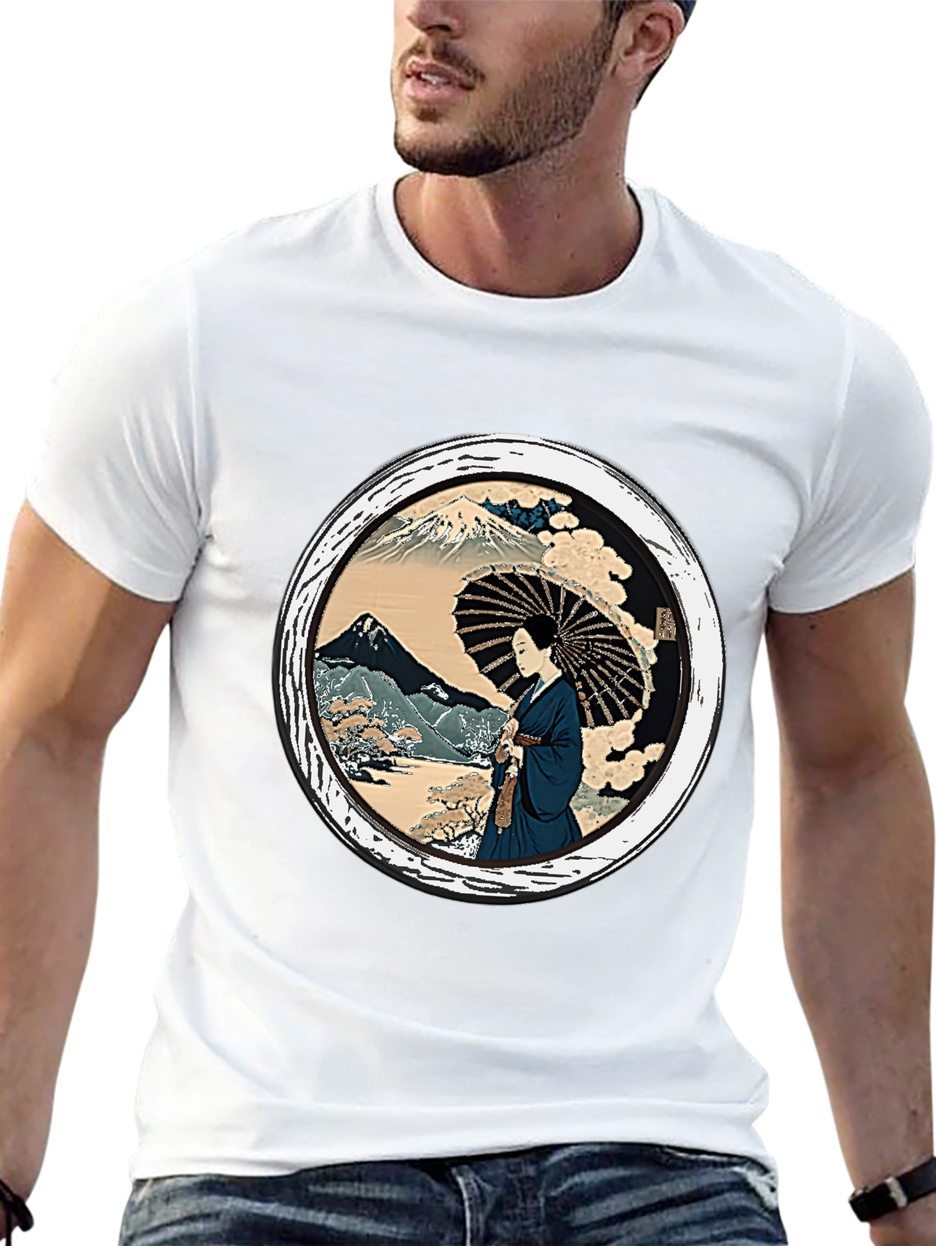 Japanese Art T-Shirt - Geisha & Mount Fuji Design