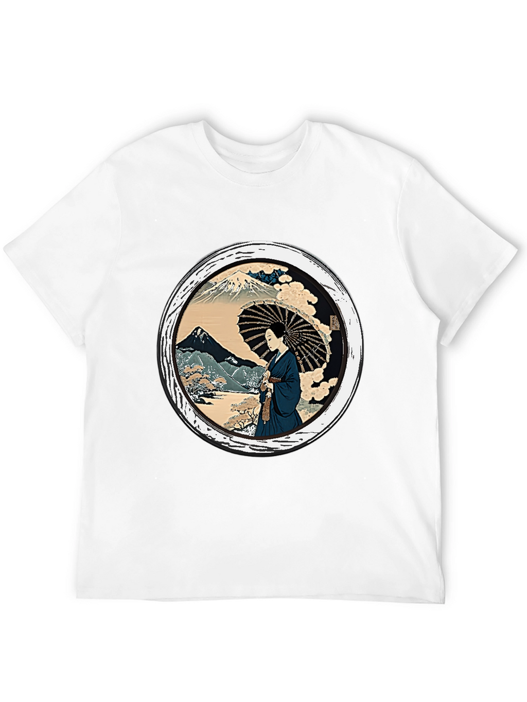 Japanese Art T-Shirt - Geisha & Mount Fuji Design