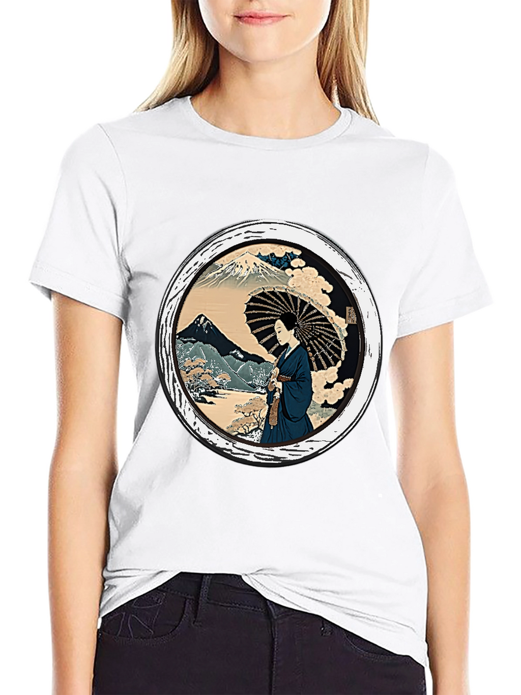 Japanese Art T-Shirt - Geisha & Mount Fuji Design
