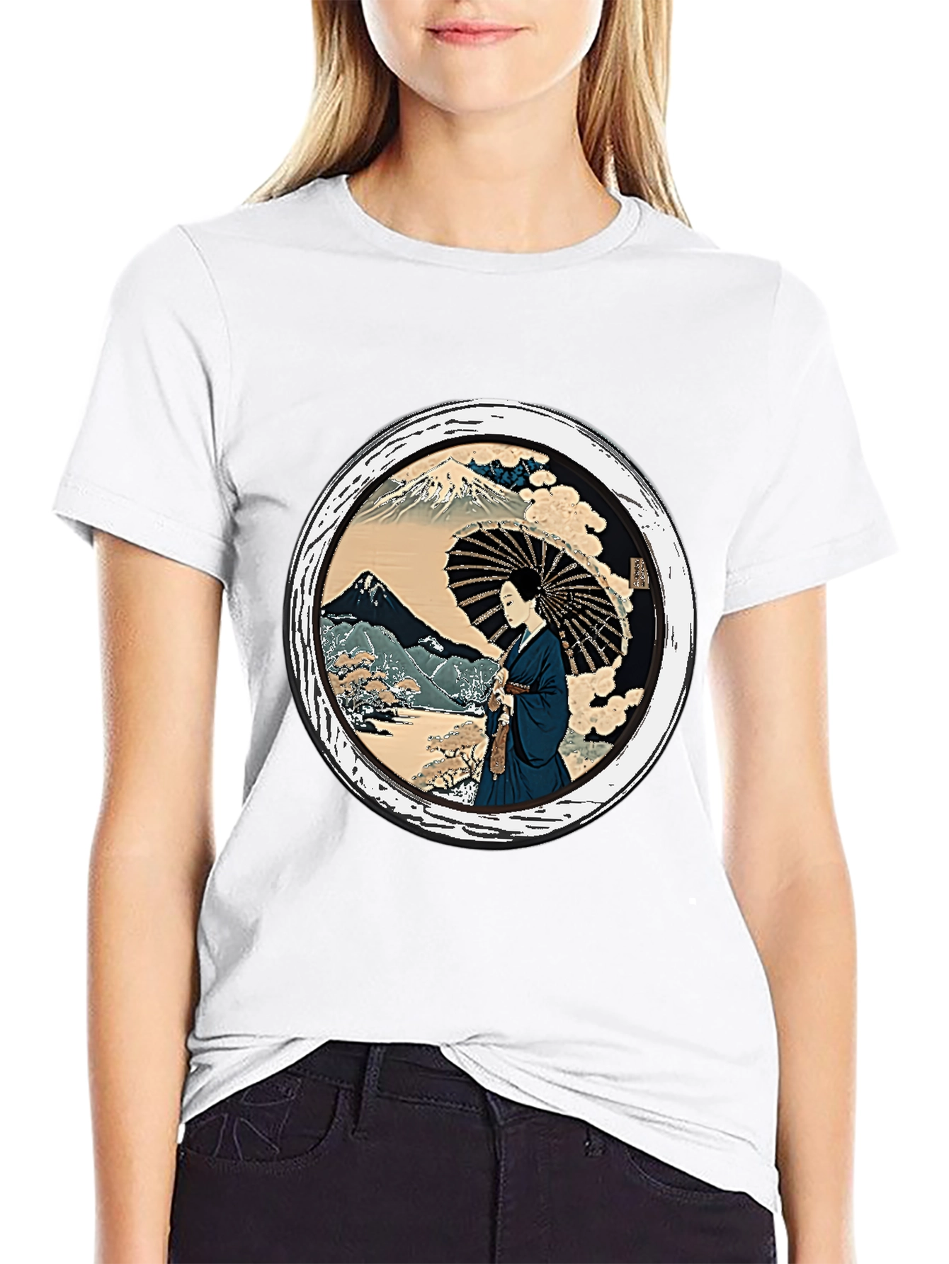Japanese Art T-Shirt - Geisha & Mount Fuji Design