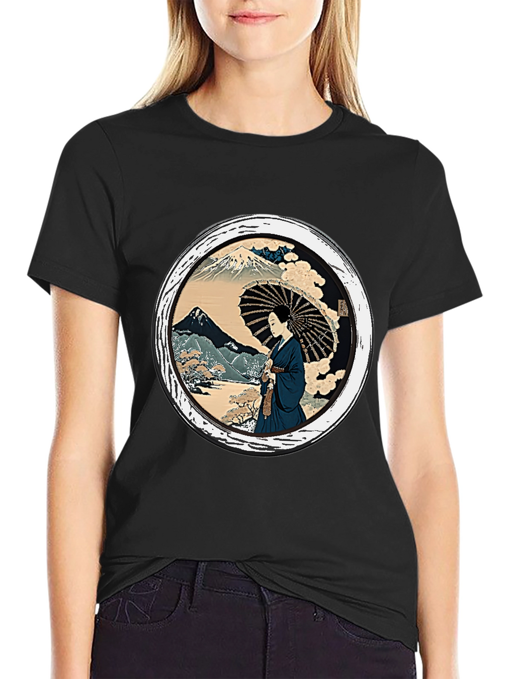 Japanese Art T-Shirt - Geisha & Mount Fuji Design