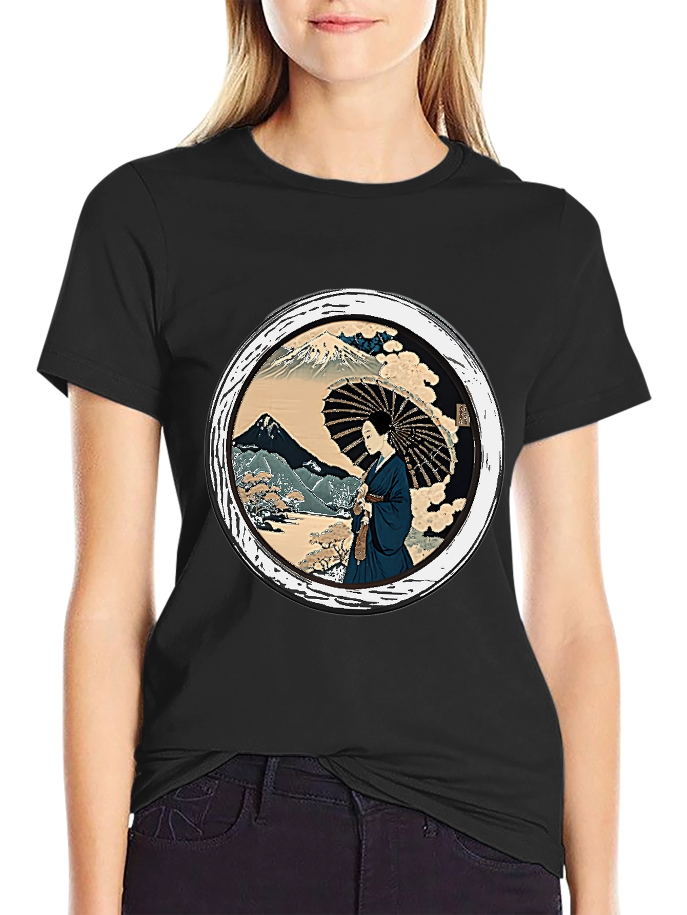 Japanese Art T-Shirt - Geisha & Mount Fuji Design